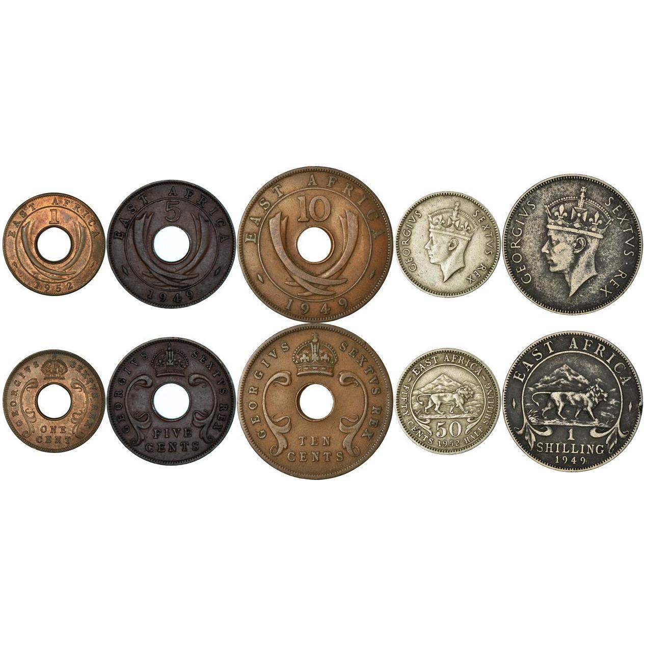 Afrique de l'Est | Ensemble de 5 pièces | 1 Cent 5 10 50 Cents 1 Shilling | 1948 - 1952