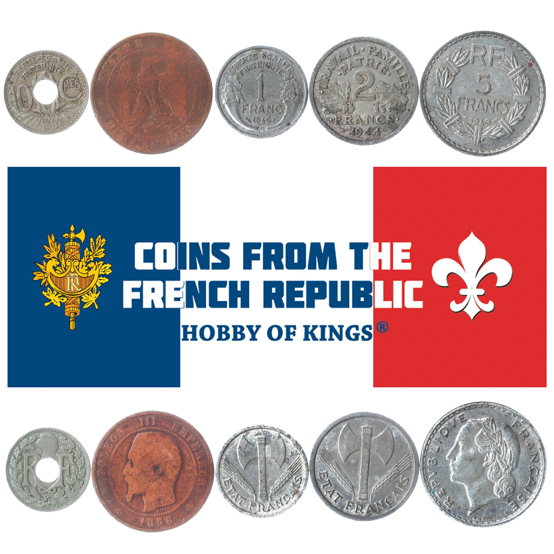 5 Old Coins From France 1852-1950 Napoleon Iii 3Rd And 4Th Republic Vichy France