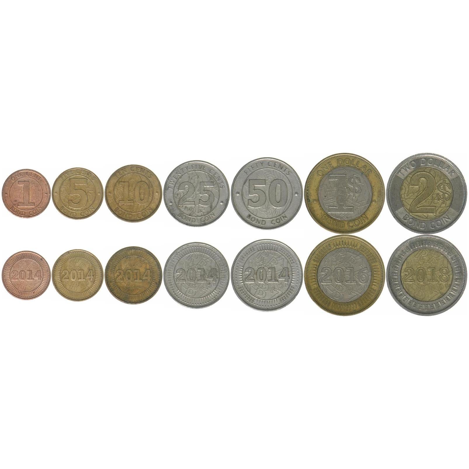 Zimbabwe | 7 Coin Set | 1 Cent 5 10 25 50 Cents 1 Dollar 2 Dollars | 2014 - 2018