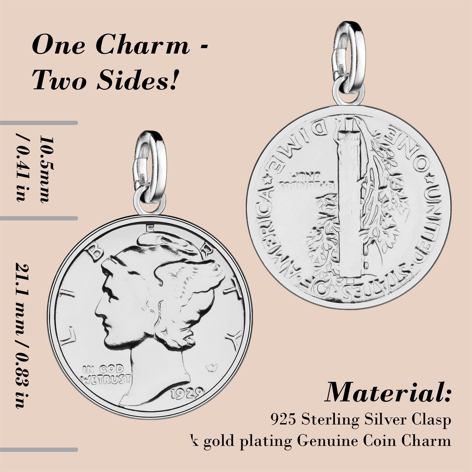 American 1 Mercury Dime Coin Charm | 925 Sterling Silver Rhodium Plated | 1916 - 1945