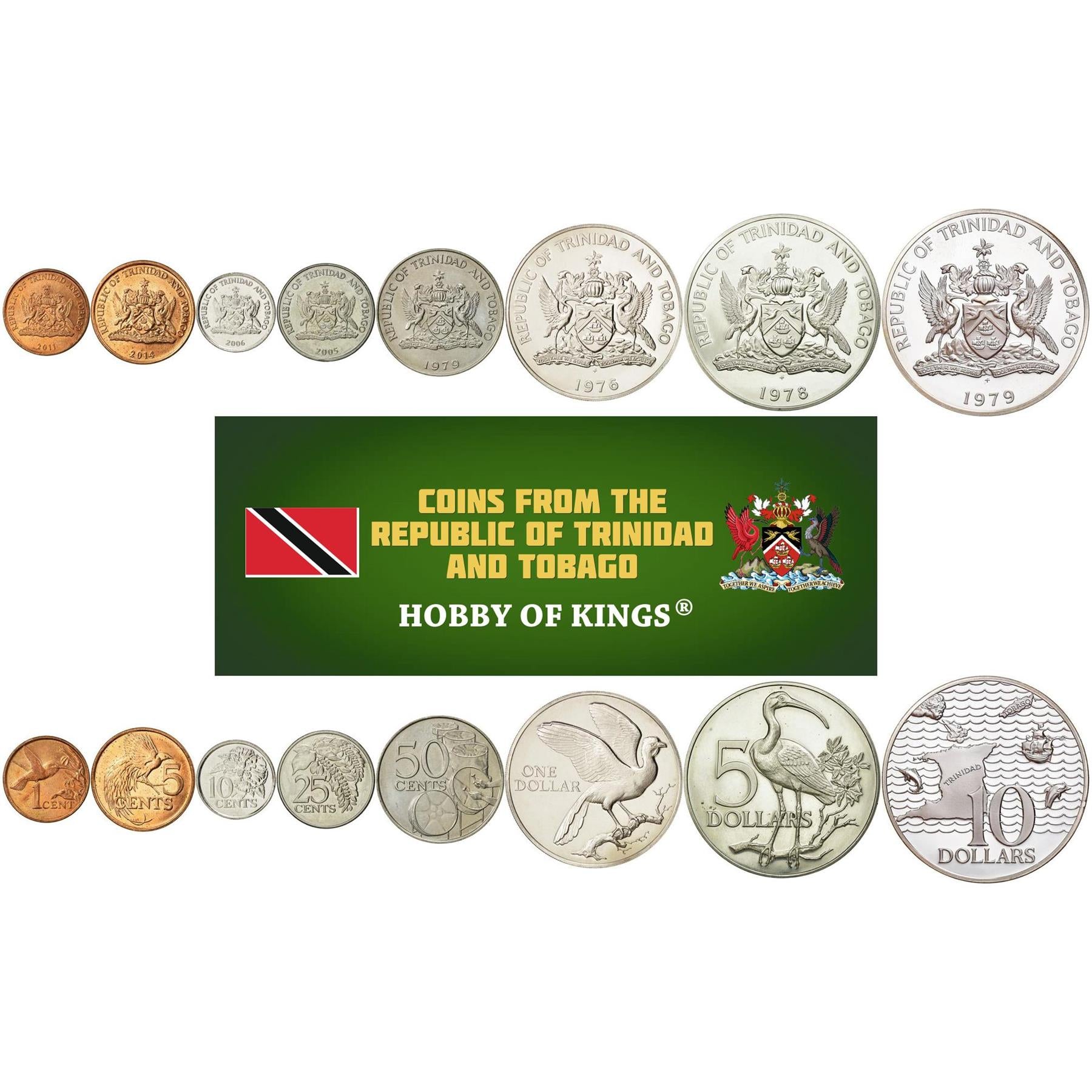 Trinidad and Tobago | 8 Coin Set | 1 Cent 5 10 25 50 Cents 1 Dollar 5 10 Dollars | Hummingbird | Purple Arrowroot | Greater Bird of Paradise | Flaming Hibiscus | Chaconia | Wild Poinsettia | Kettle Drums | Oil Barrels | Rufous-vented Chachalaca | Cocrico