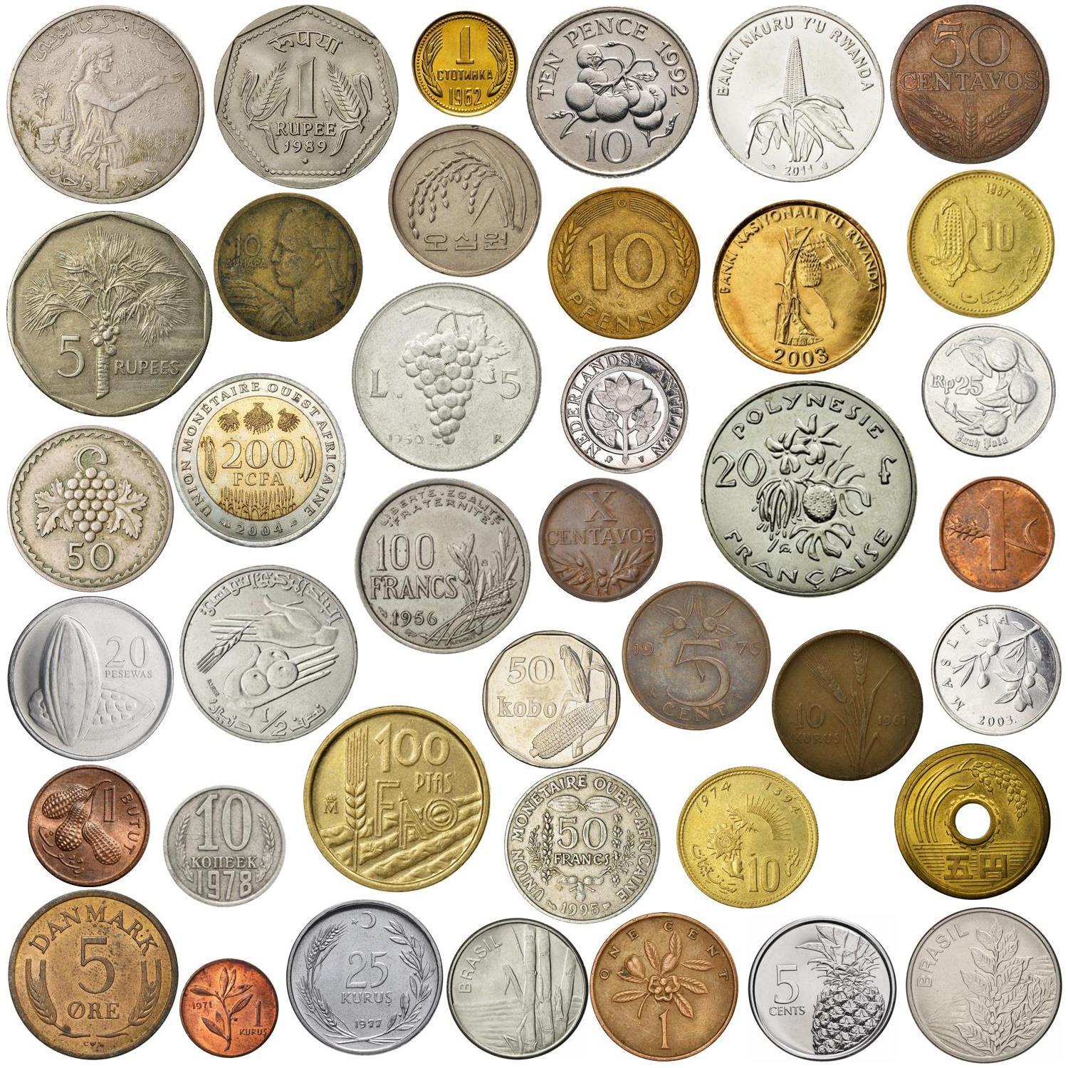 Different Coins with Crops | Oranges, Wheat, Rice, Maize, Olives, Grapes, Cocoa, Coconuts, Corn, Sunflowers, Pineapples, Sugarcane, and more