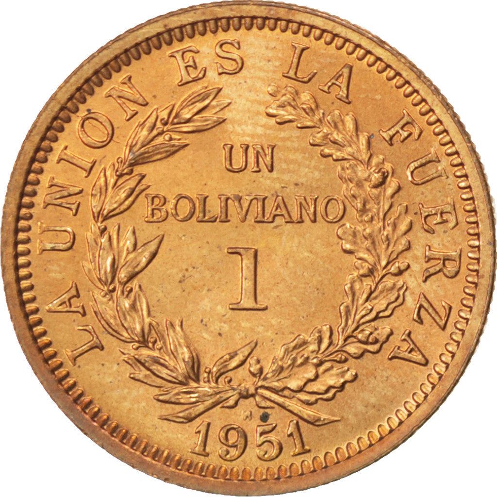 Bolivia | 1 Boliviano Coin | Bronze | Coat of Arms | KM:184 | 1951
