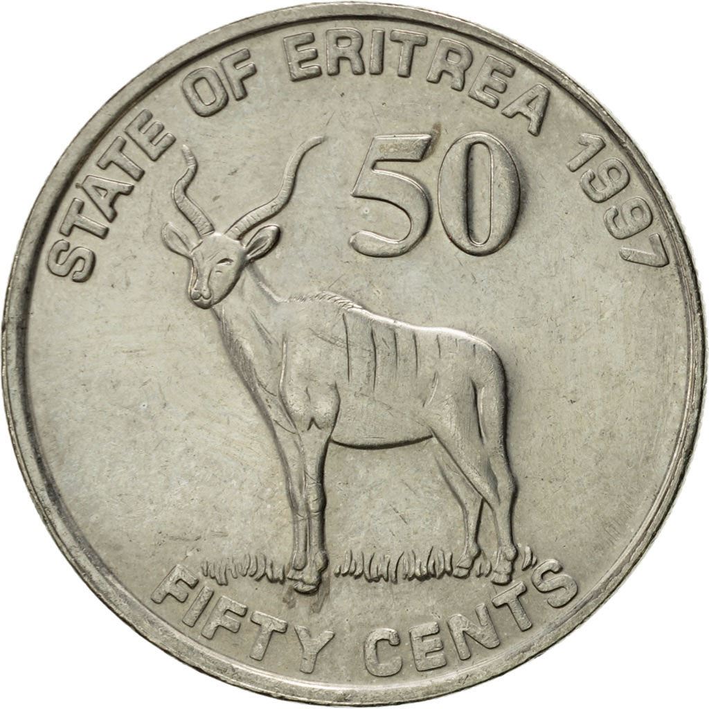 Eritrea | 50 Cents Mynt | Större Kudu | Soldater | Flagga | Km:47 | 1997