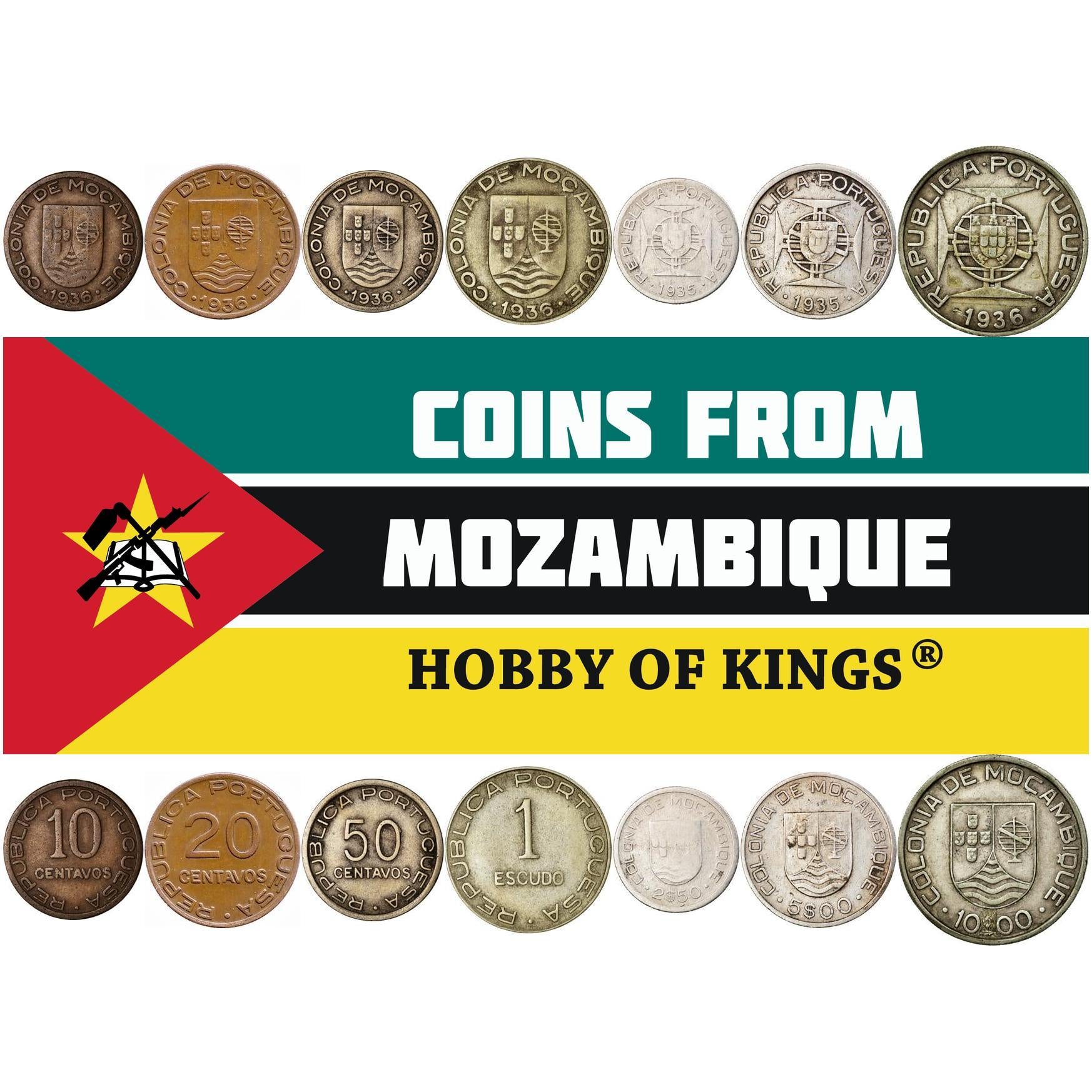 Mozambique | 7 Coin Set | 10 20 50 Centavos 1 Escudo 2.50 5 10 Escudos | 1935 - 1936