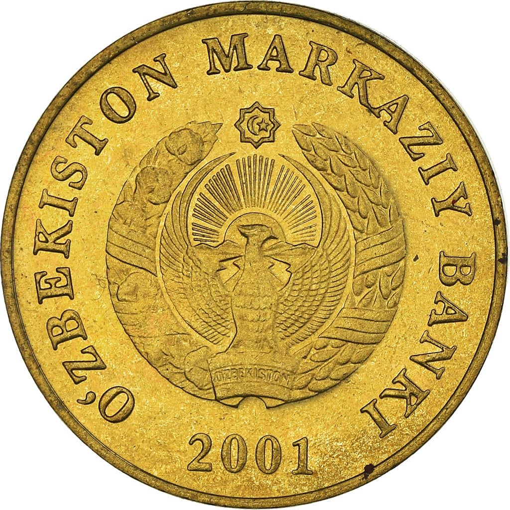 Uzbekistan | 5 SoʻM Coin | Map of Uzbekistan | Cotton | Wheat | Sun | Huma Bird | KM:13 | 2001