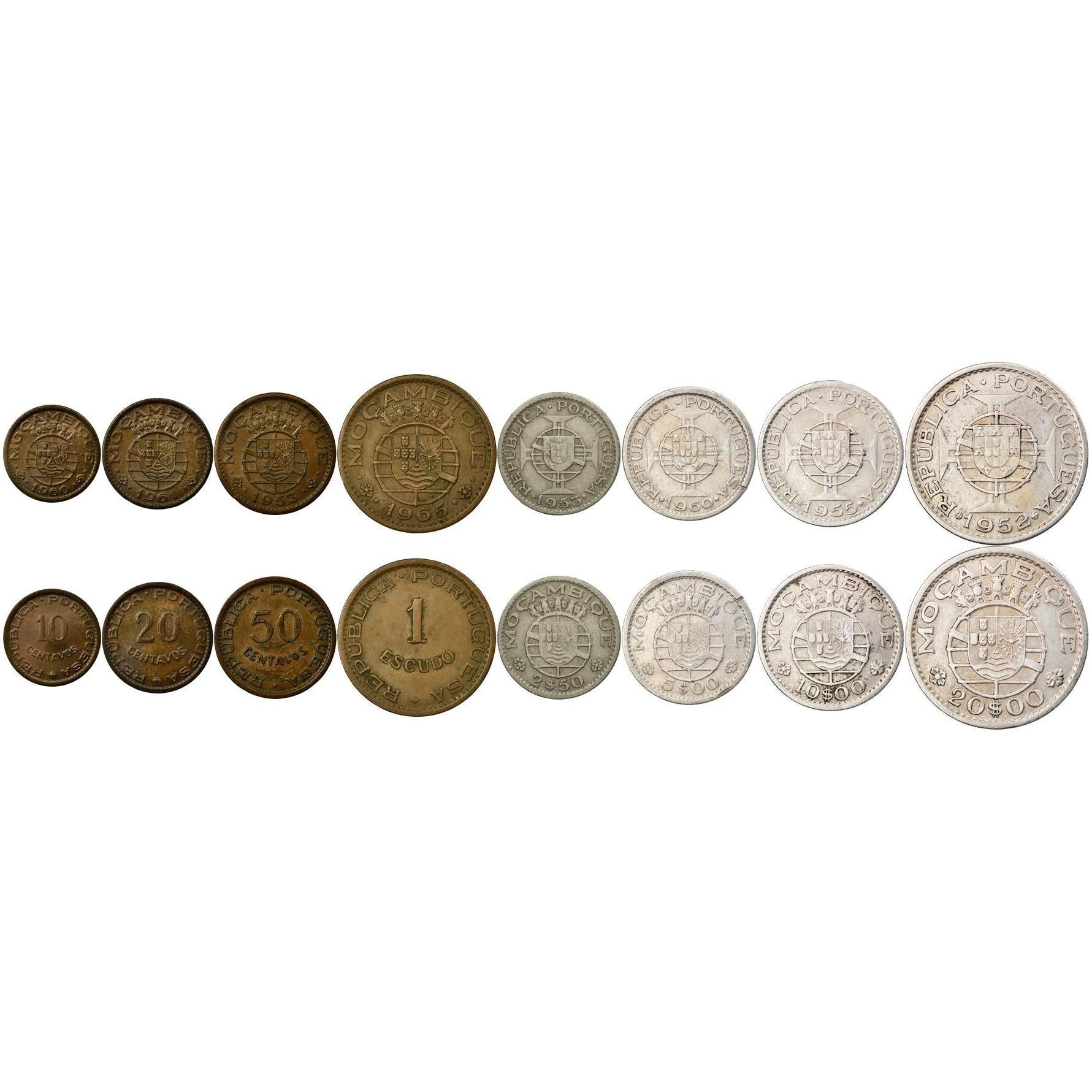 Mozambique | 8 Coin Set | 10 20 50 Centavos 1 Escudo 2.50 5 10 20 Escudos | 1952 - 1974