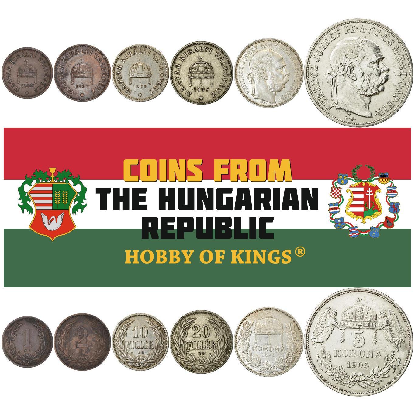 Hungarian 6 Coin Set 1 2 10 20 Filler 1 5 Korona | Franz Joseph I | Hungary | 1892 - 1915