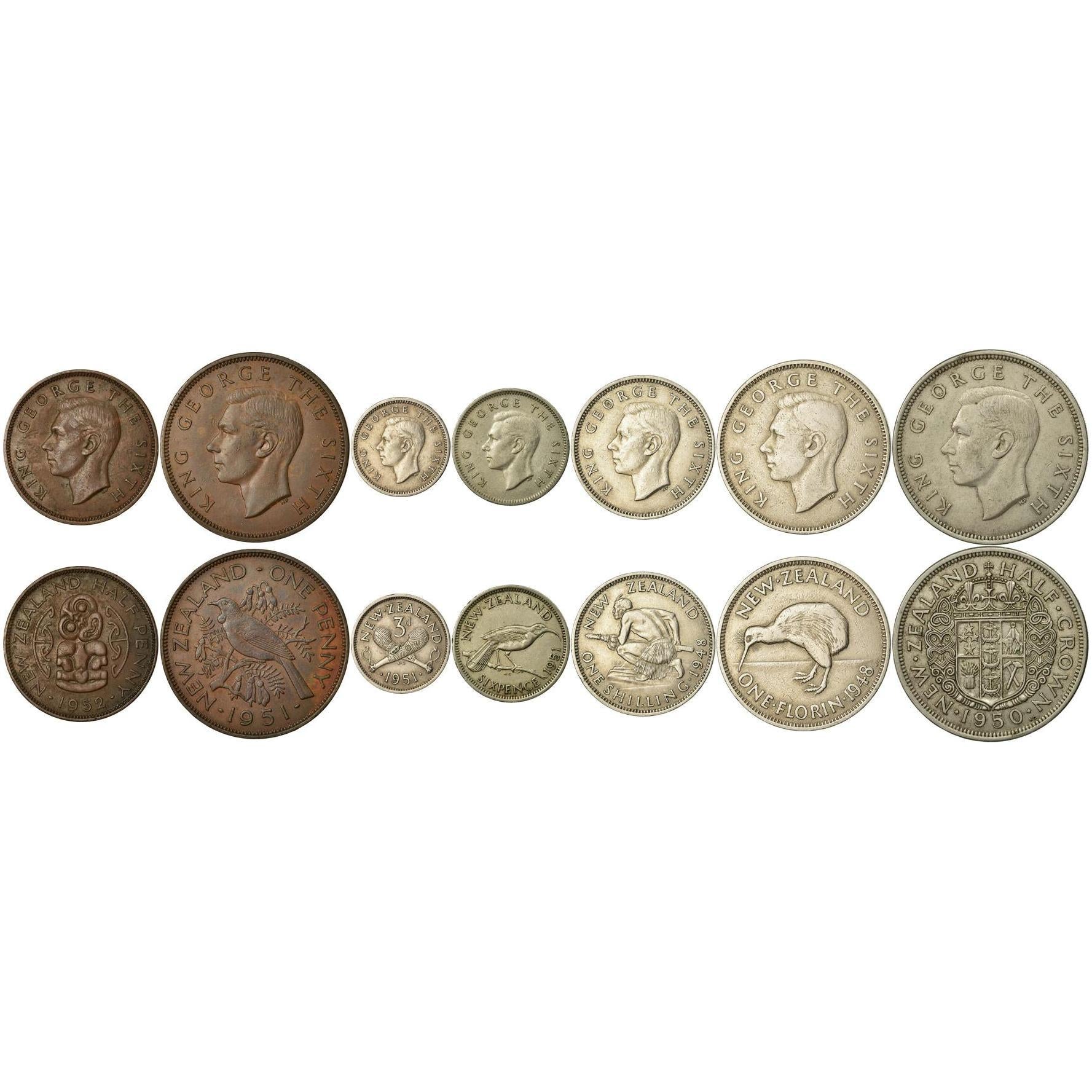 New Zealand | 7 Coin Set | 1/2 1 Penny 3 6 Pence 1 Shilling 1 Florin 1/2 Crown | 1948 - 1952