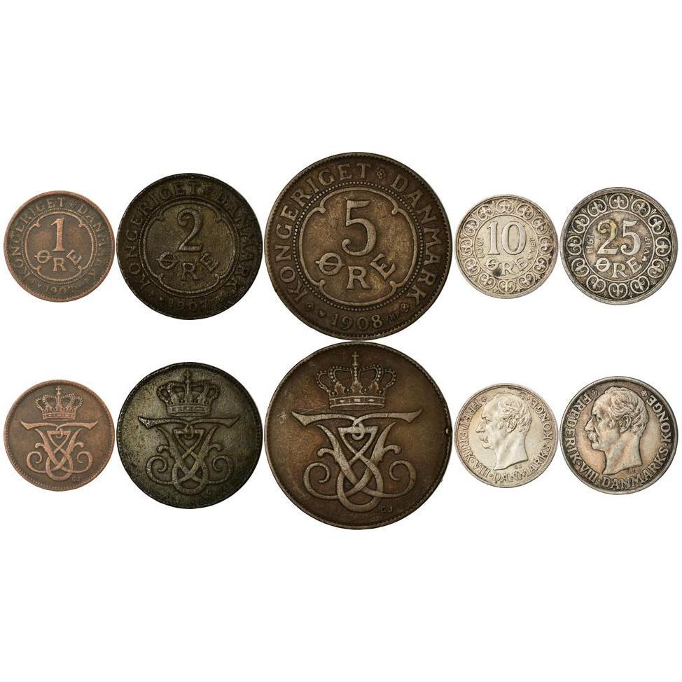 Denmark | 5 Coin Set | 1 2 5 10 25 Ore | 1907 - 1912