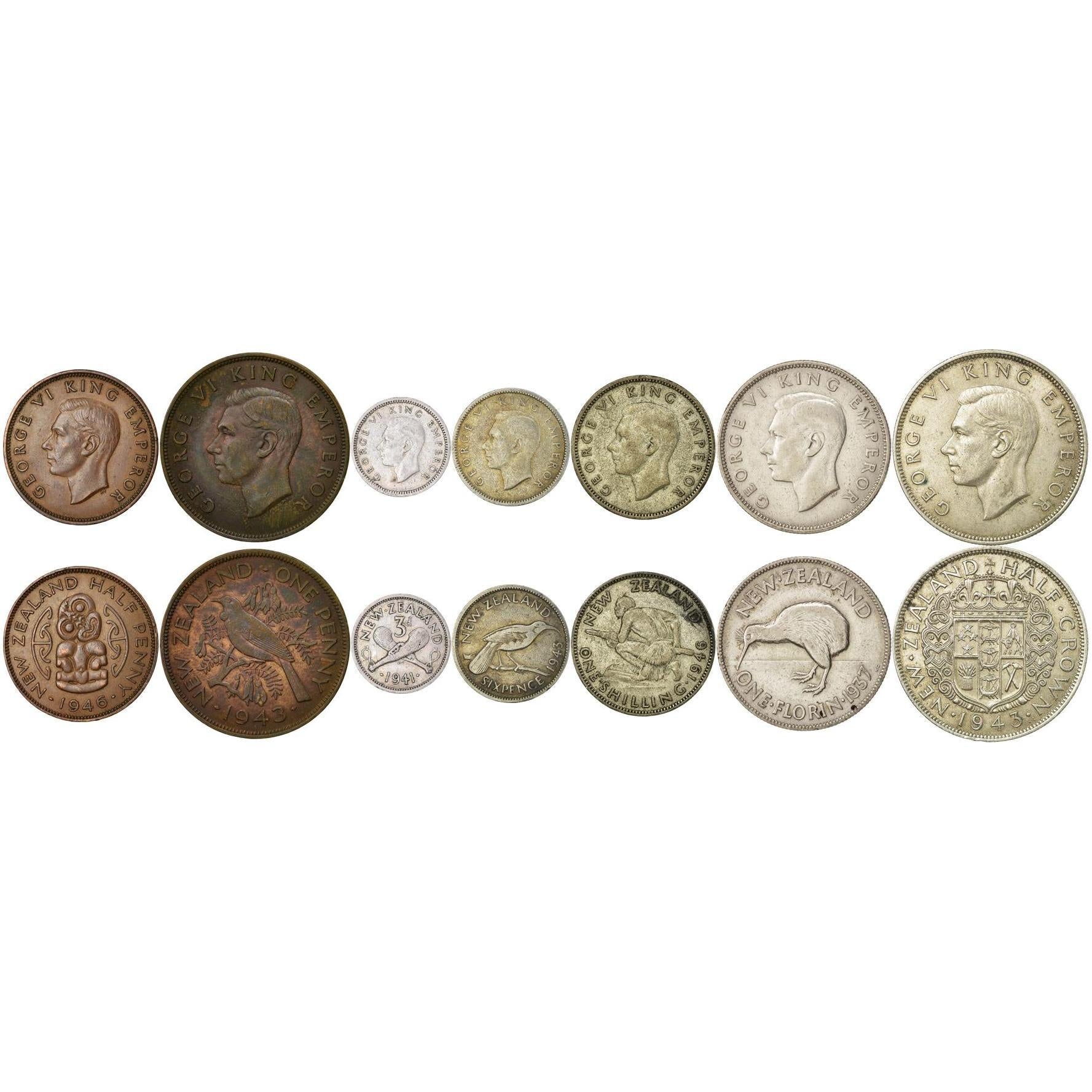 New Zealand | 7 Coin Set | 1/2 1 Penny 3 6 Pence 1 Shilling 1 Florin 1/2 Crown | 1937 - 1947
