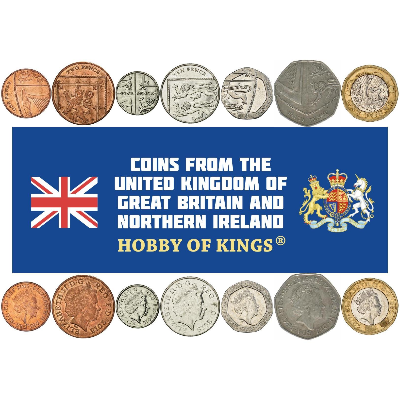 United Kingdom | 7 Coin Set | 1 Penny 2 5 10 20 50 Pence 1 Pound | 2015 - 2022