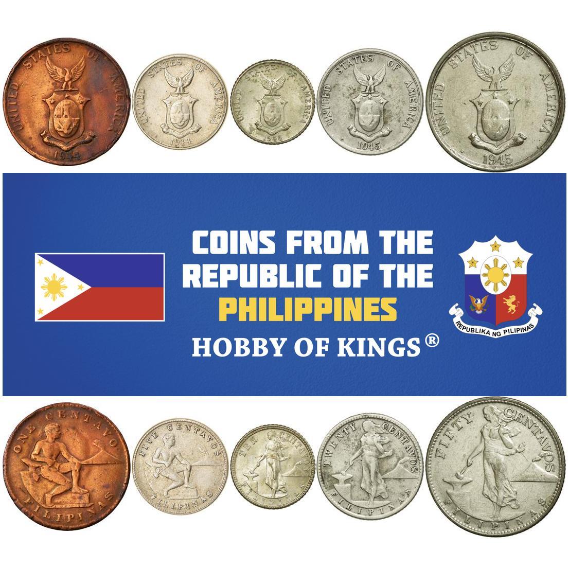 Philippines | 5 Coin Set | 1 Centavo 5 10 20 50 Centavos | Volcano | Blacksmith | 1937 - 1945