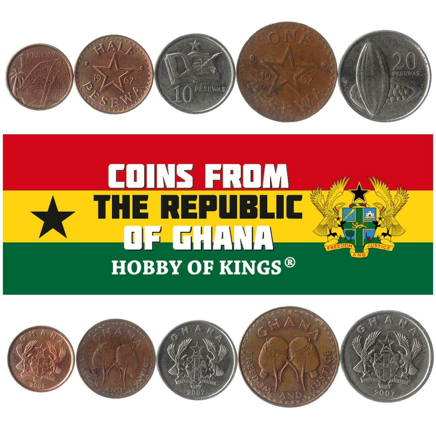 5 Mixed Coins From Ghana | 1 - 20 Pesewas | 1967 - 2016