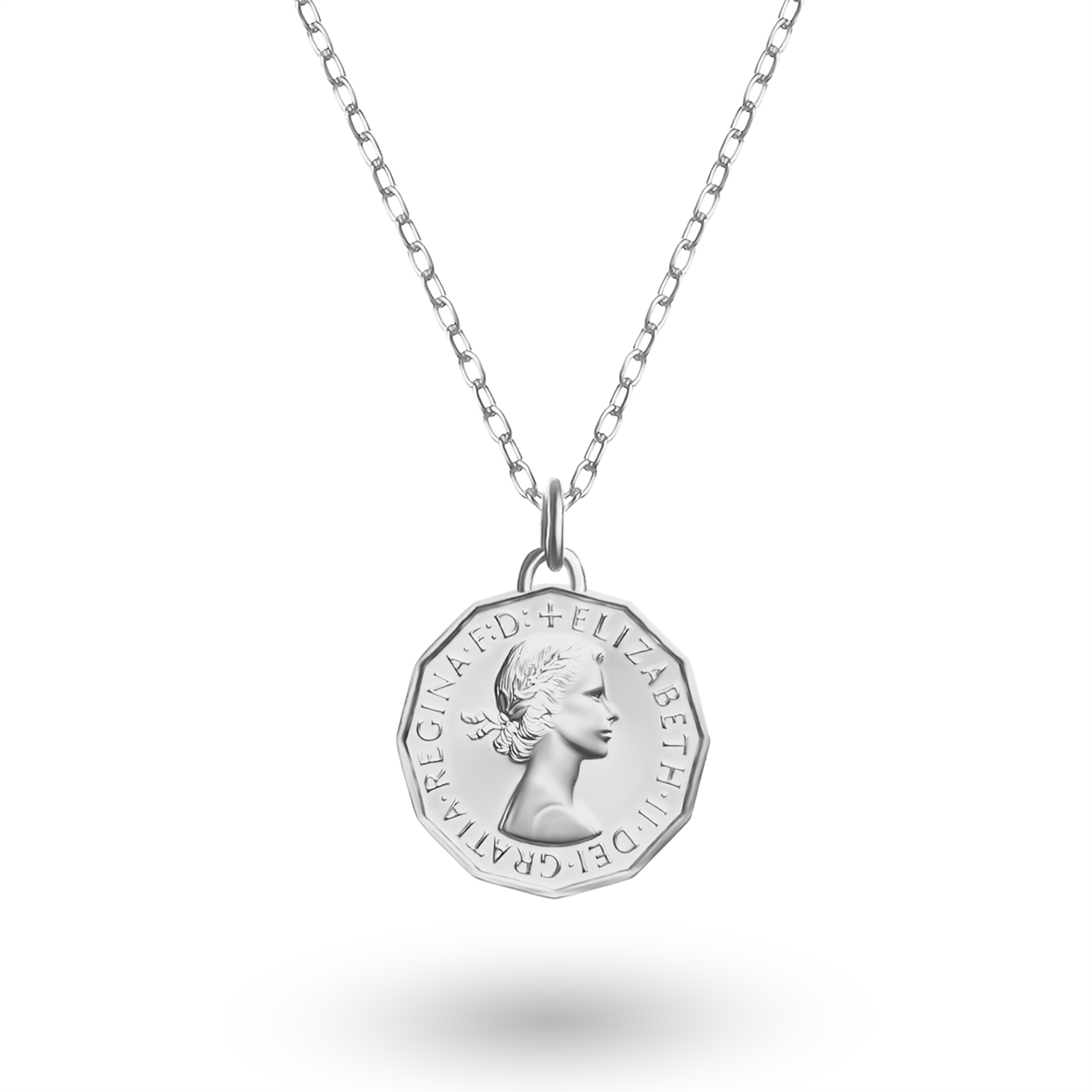 British Coin Necklace | Medallion Pendant Jewelry | Rhodium Plated 3 Pence | Queen Elizabeth II | 1954 - 1970