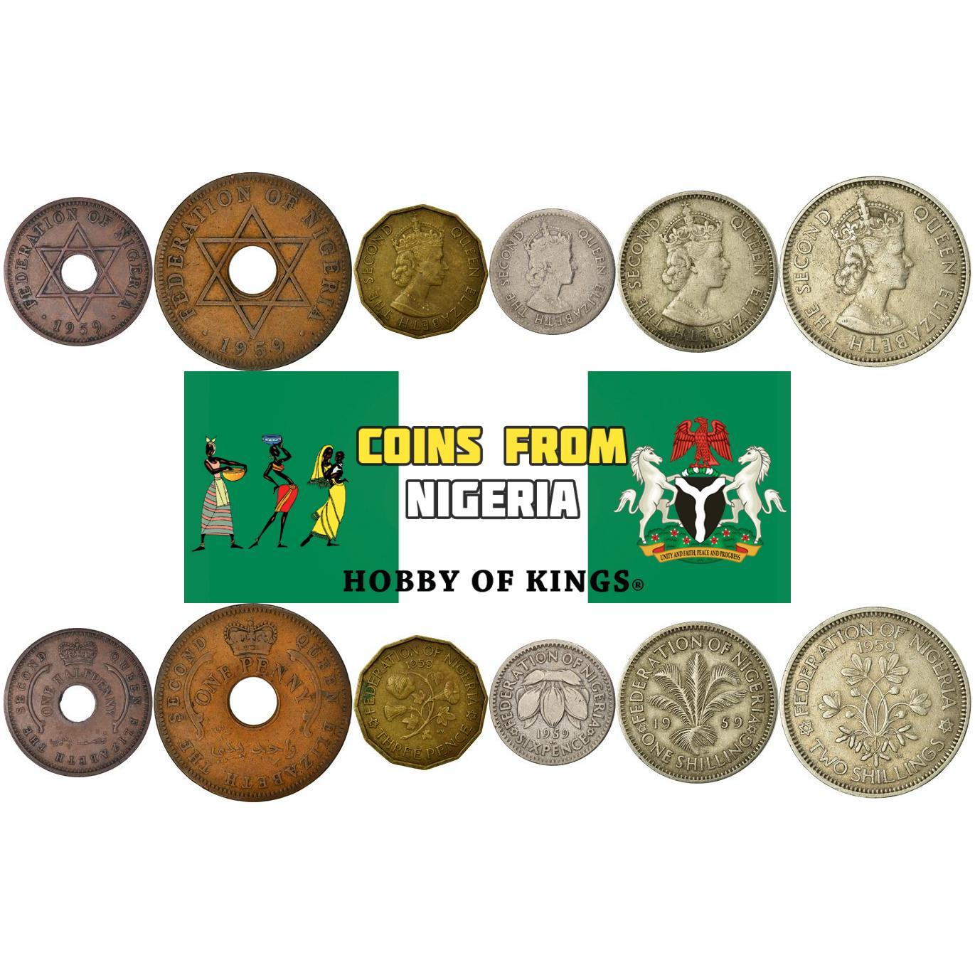 나이지리아 | 6개 동전 세트 | 1/2 1 페니 3 6 펜스 1 실링 2 실링 | 1959 - 1962