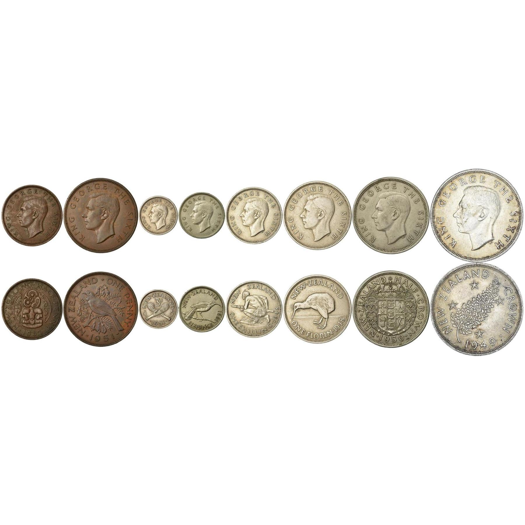 Nieuw-Zeeland | Set van 8 Munten | 1/2 1 Penny 3 6 Pence 1 Shilling 1 Florijn 1/2 1 Kroon | 1948 - 1952