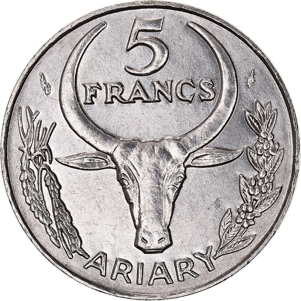 Madagascar | 5 Francs / 1 Ariary Coin | Zebu | Flower | Km:10 | 1966 - 1989