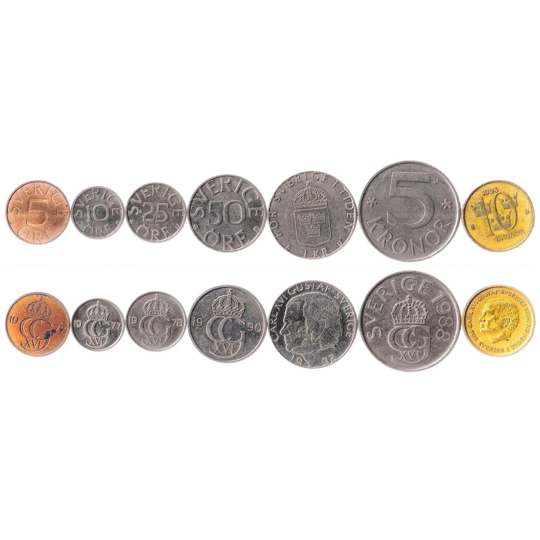 Swedish 7 Coin Set 5 10 25 50 Öre 1 5 10 Kronor | Carl XVI Gustaf | Three Crowns | Sweden | 1976 - 2000