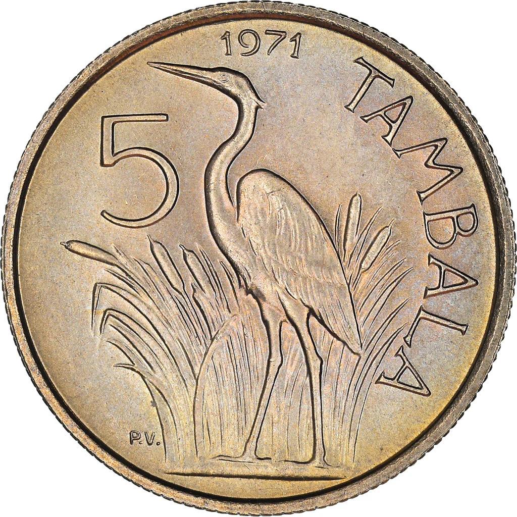 Malawi 5 Tambala Coin | Hastings Banda | Purple Heron | KM9 | 1971 - 1989