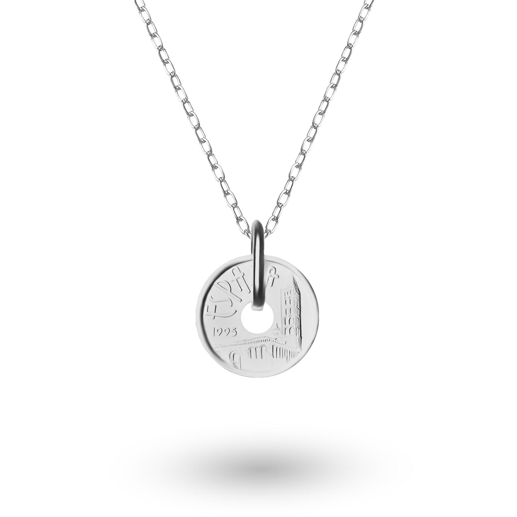 Spanish Coin Necklace | Medallion Pendant Jewelry | Rhodium Plated 5 Pesetas | Castile and Leon | 1995