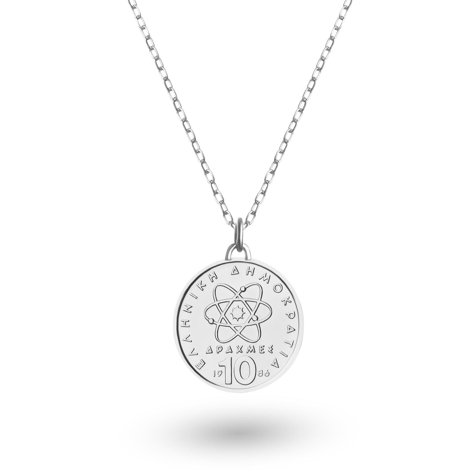 Greek Coin Necklace | Medallion Pendant Jewelry | Rhodium Plated 10 Drachmes | Democritus | 1976 - 2000