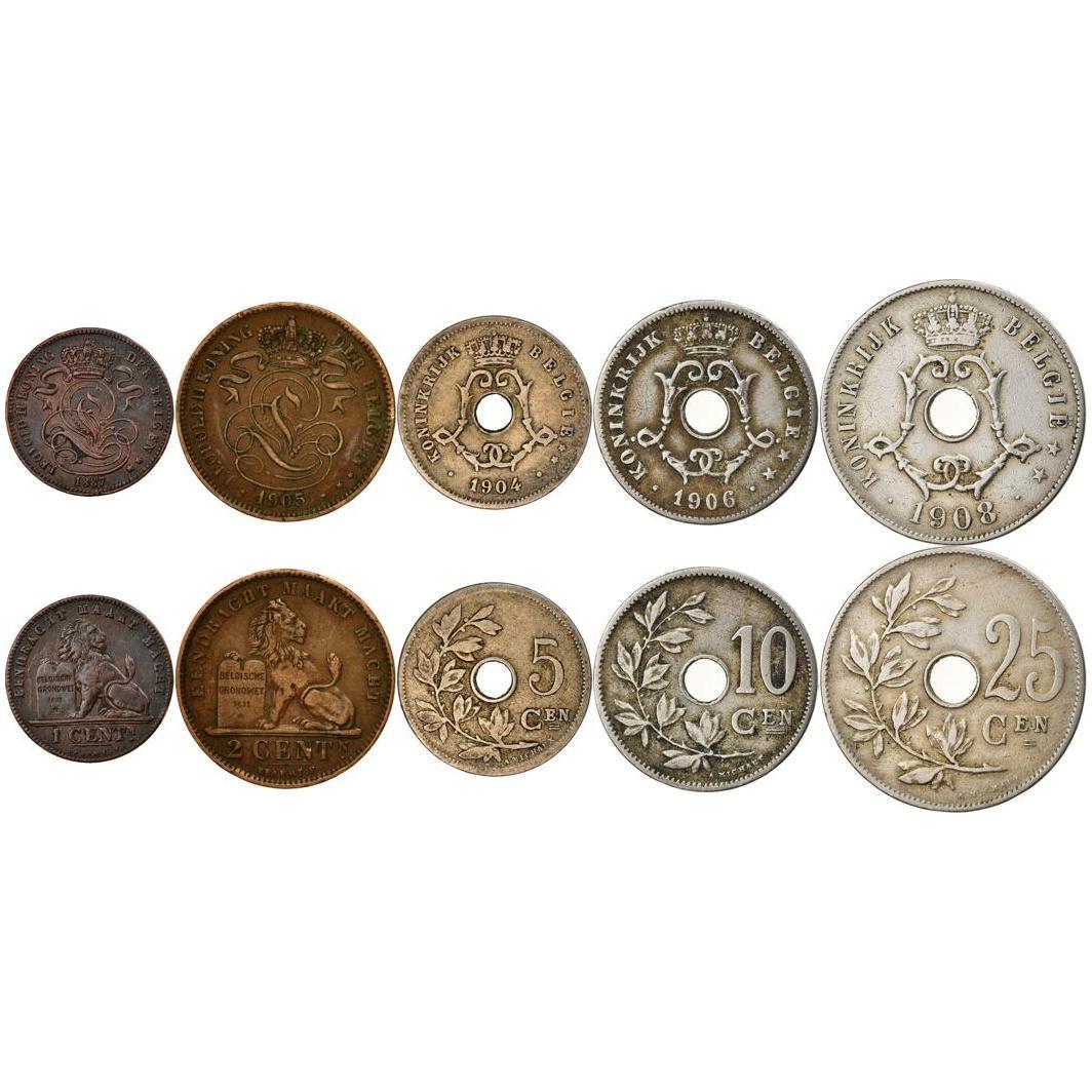 Belgium | 5 Coin Set | 1 Centime 2 5 10 25 Centimes | 1887 - 1909