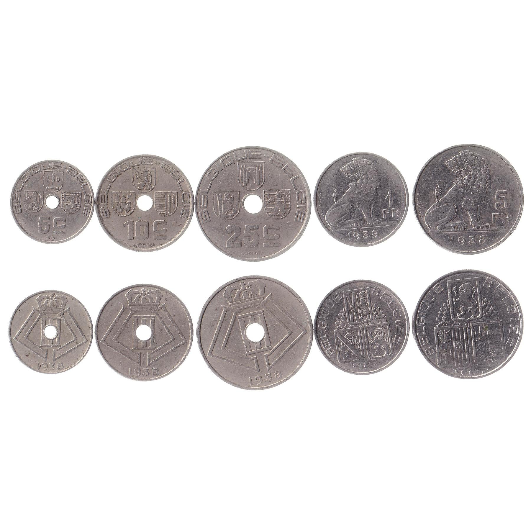 Belgian 5 Coin Set 5 10 25 Centimes 1 5 Francs | Olive branch | Lion | Star | Constitution | Ivy | Oak twig | 1936 - 1940