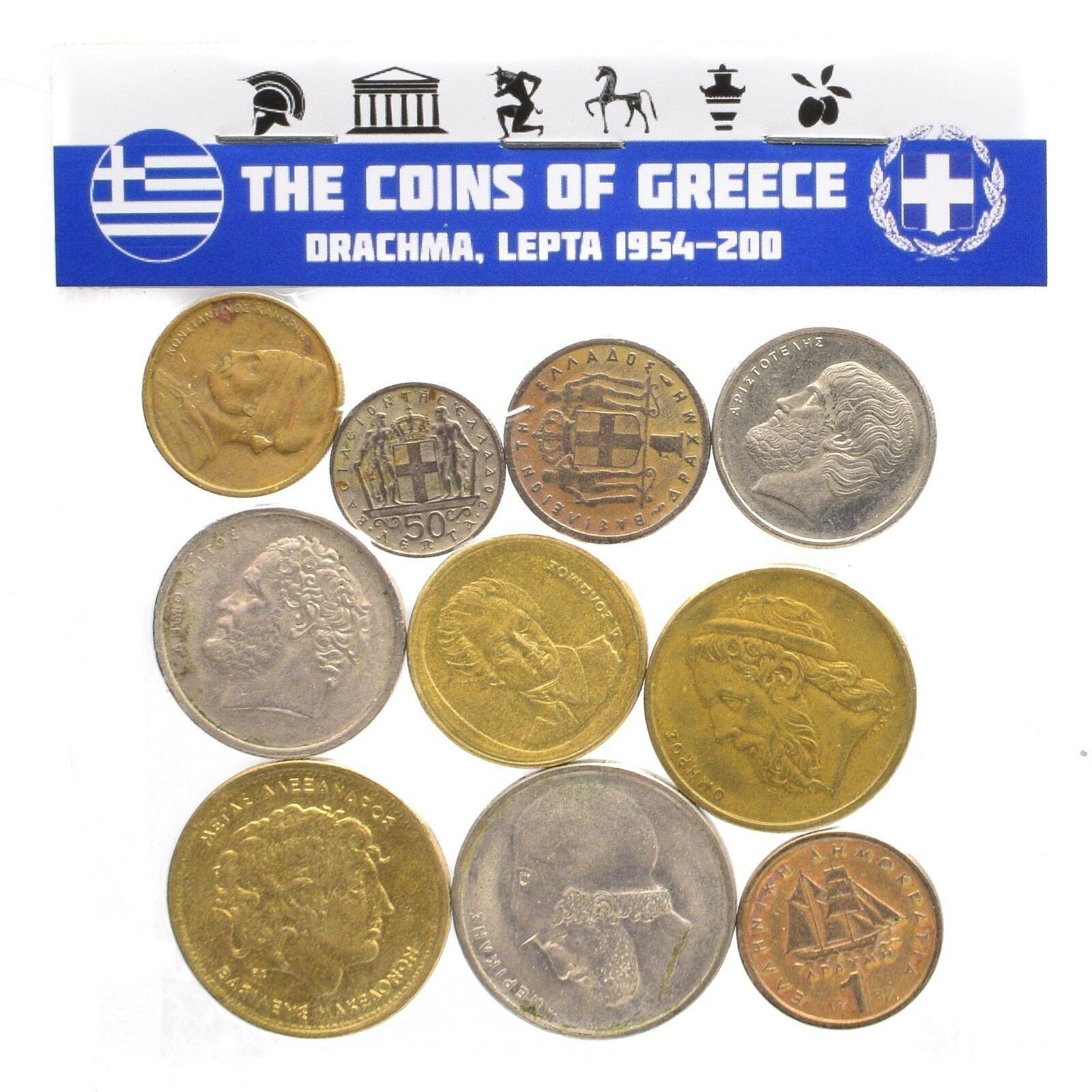 Greek 10 Mixed Coins | Greece | King Paul I | Constantine II | Lepta | Drachmes | 1954 - 2002