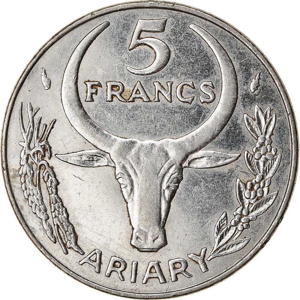 Madagascar | 5 Francs / 1 Ariary Coin | Zebu | Flower | Km:10 | 1966 - 1989
