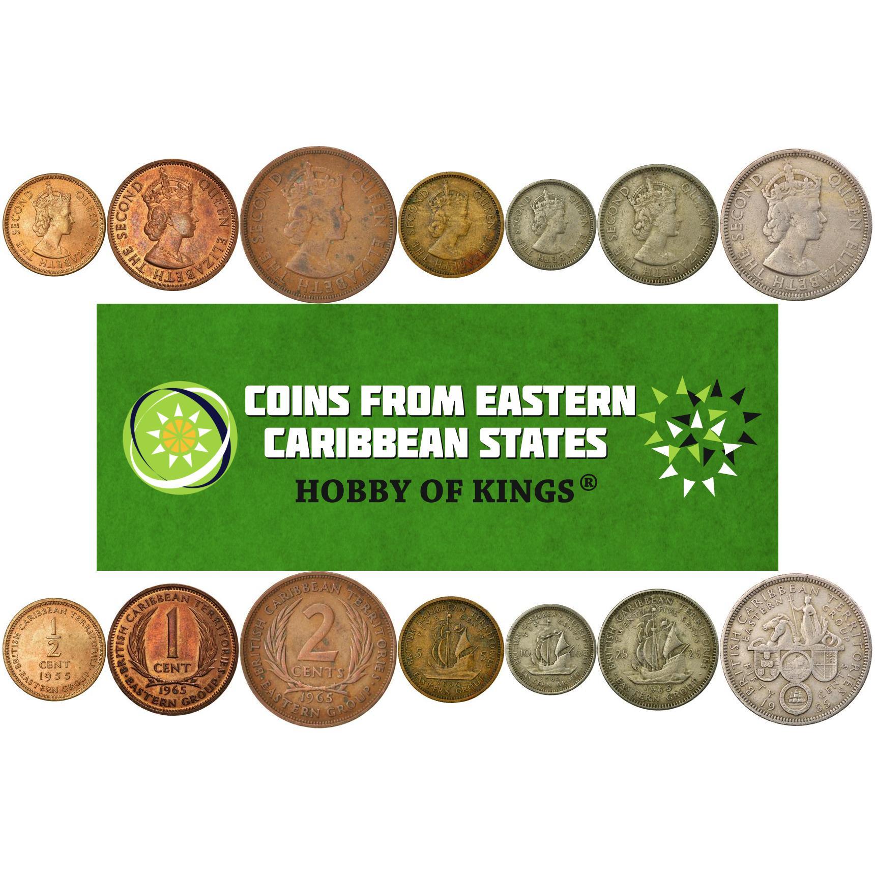 Set 7 Coins Eastern Caribbean States 1/2 1 2 5 10 25 50 Cents 1955 - 1965