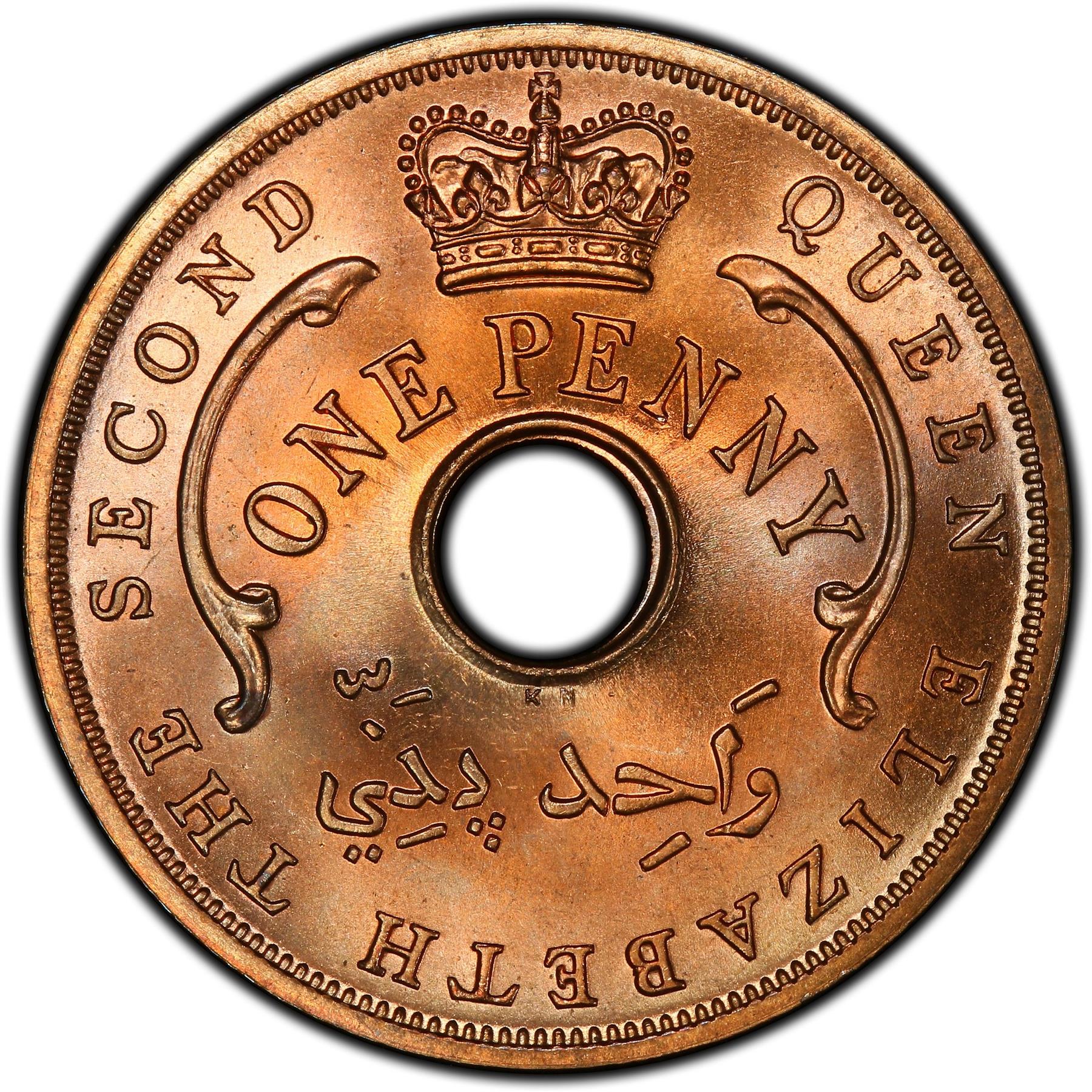 British West Africa | 1 Penny Coin | Crown | Hexagram | Hole | KM:33 | 1956 - 1958