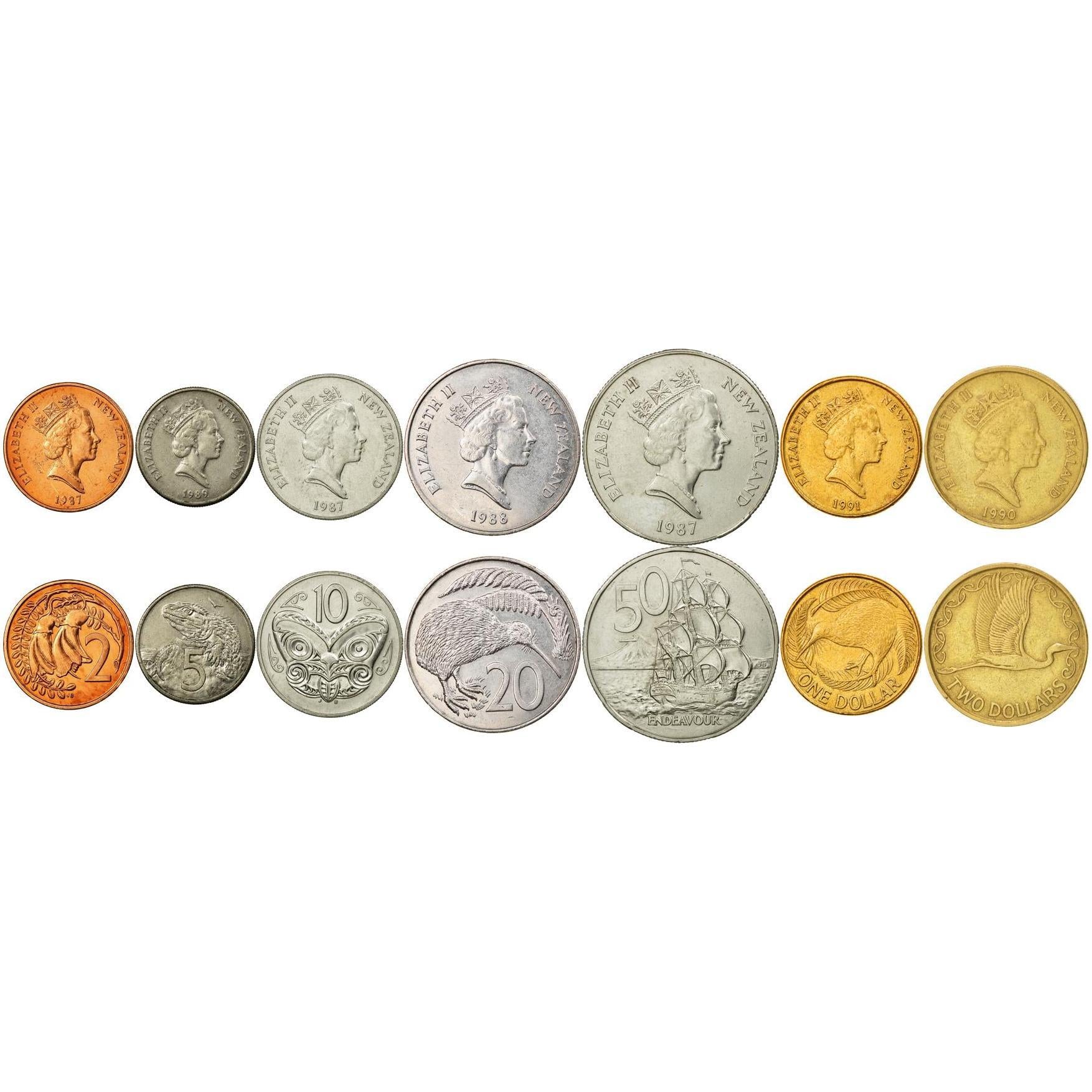New Zealand | 7 Coin Set | 2 5 10 20 50 Cents 1 Dollar 2 Dollars | 1986 - 1998