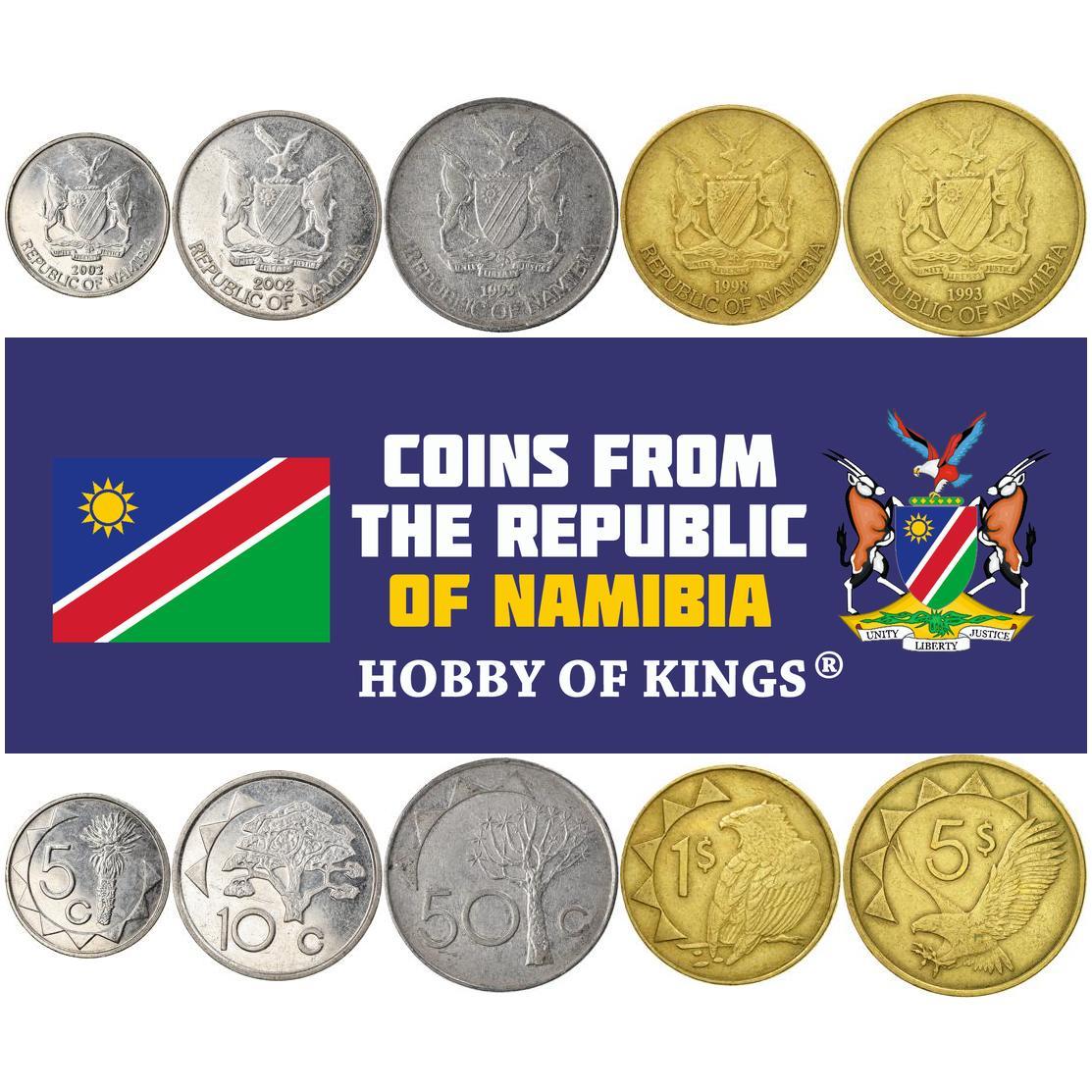 Set 5 Coins Namibia Namibian Money 5 10 50 Cents 1 5 Dollars 1993 - 2015