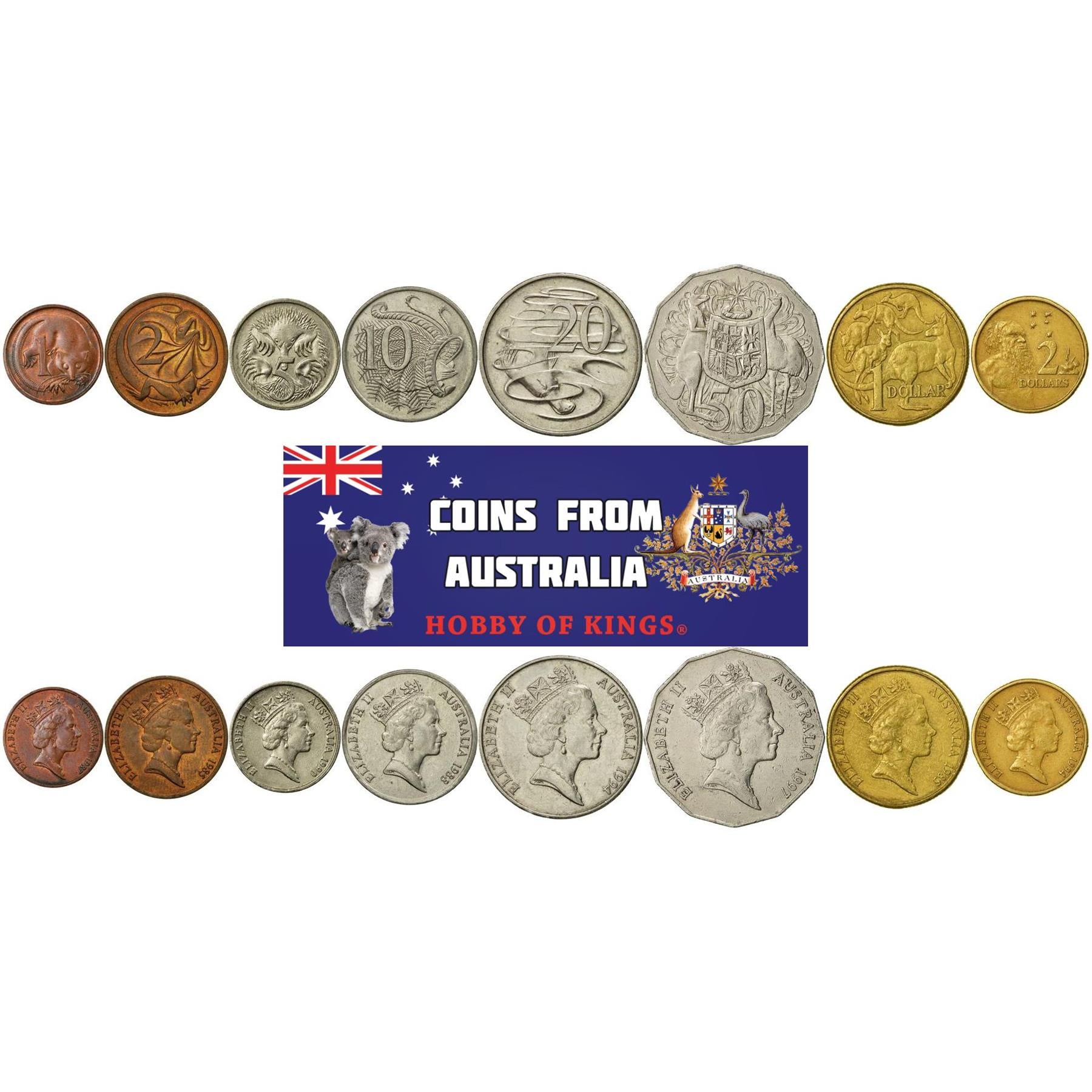 Australia | 8 Coin Set | 1 Cent 2 5 10 20 50 Cents 1 Dollar 2 Dollars | 1985 - 1998