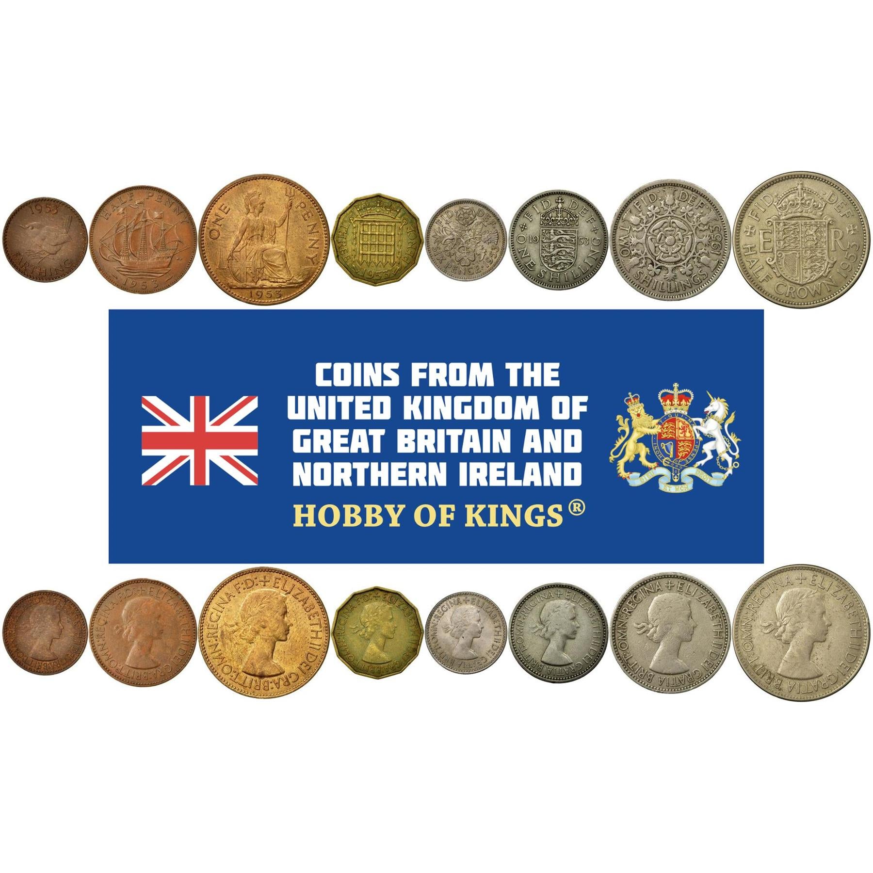 United Kingdom | 8 Coin Set | 1 Farthing 1/2 1 Penny 3 6 Pence 1 Shilling 2 Shillings 1/2 Crown | 1953