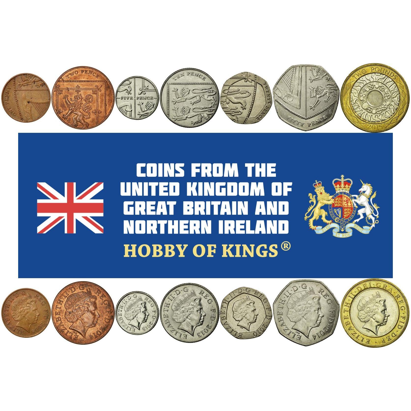 United Kingdom | 7 Coin Set | 1 Penny 2 5 10 20 50 Pence 2 Pounds | 2008 - 2015