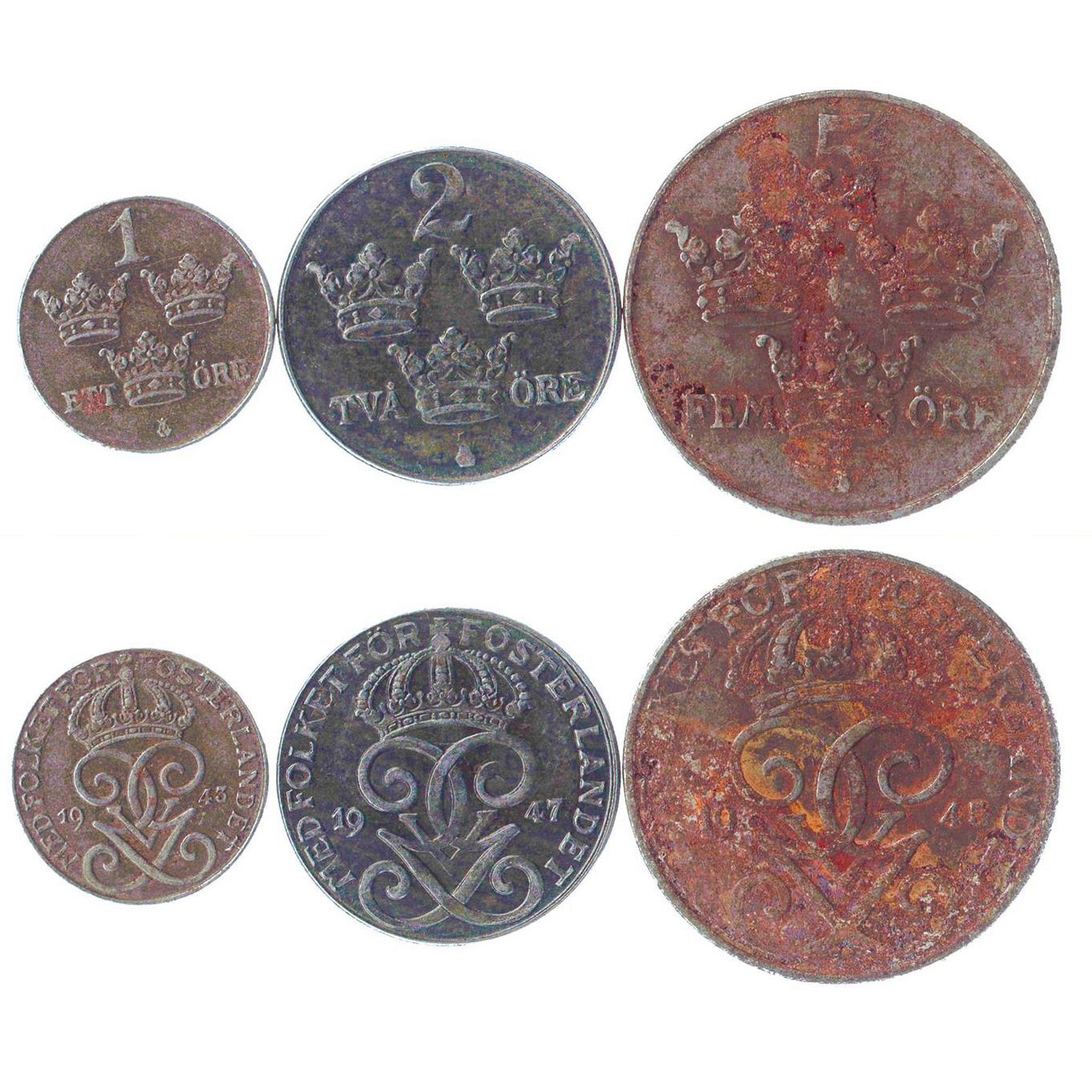 Swedish 3 Coin Set 1 2 5 Öre | Three Crowns | Sweden | 1942 - 1950