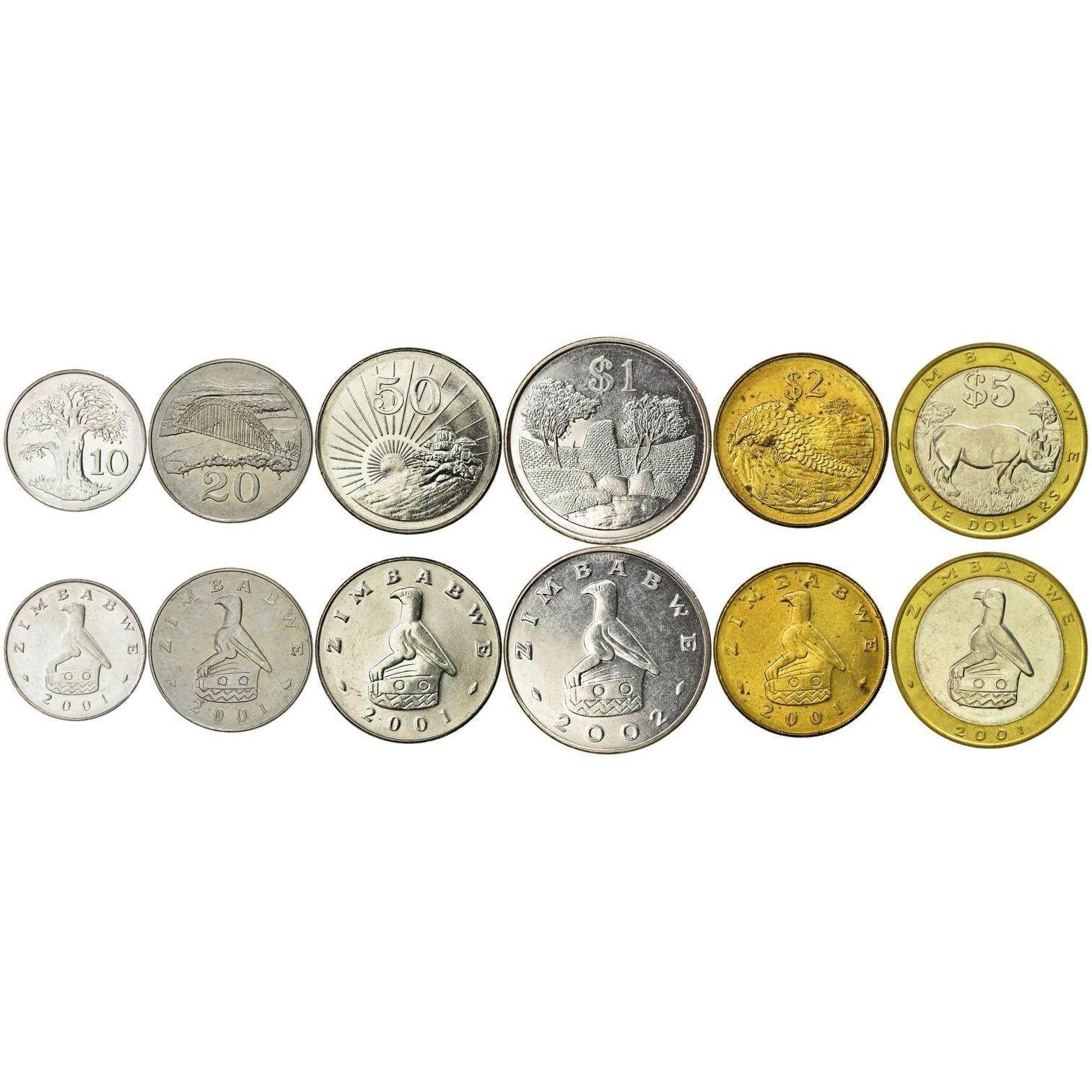 Zimbabwe | 6 Coin Set | 10 20 50 Cents 1 Dollar 2 5 Dollars | 2001 - 2003