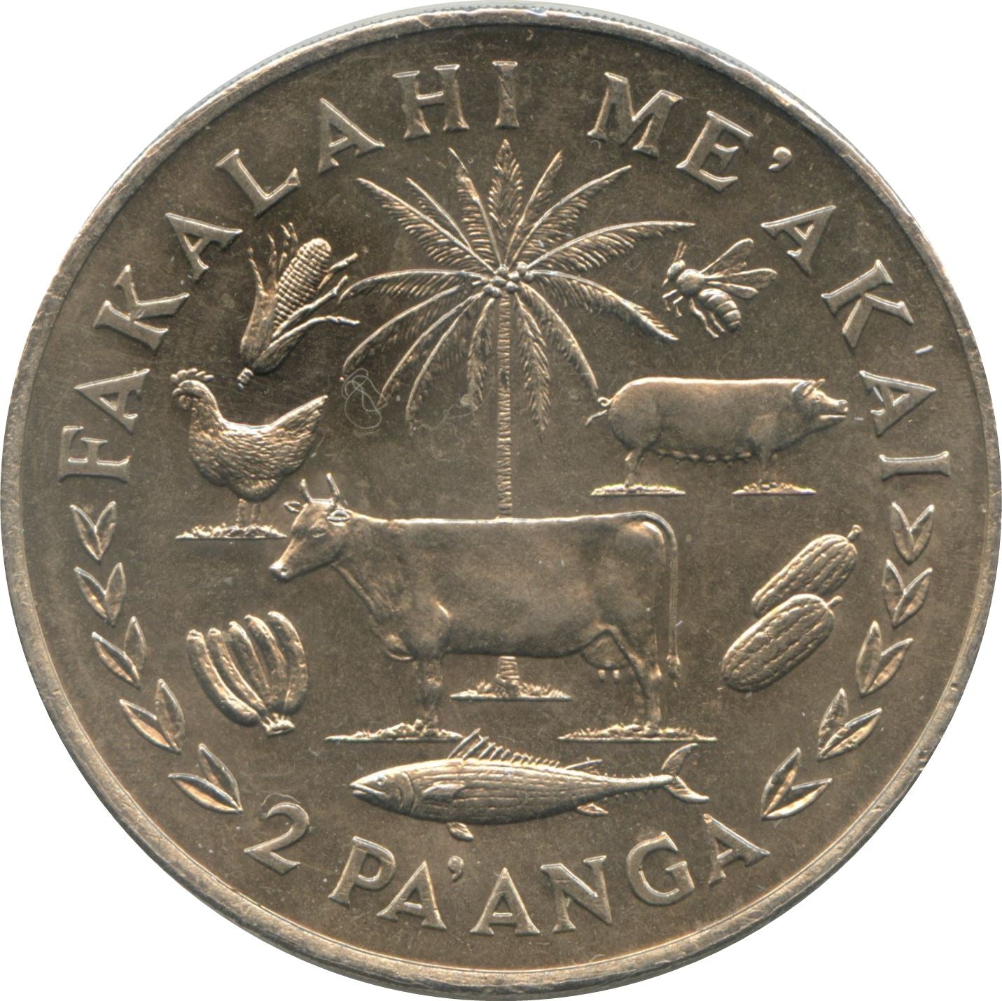 Tonga | 2 Pa'Anga Coin | King Tupou IV | FAO | Fish | Banana | Cow | Chicken | Pig | Palm Tree | Corn | Honey Bee | Watermelon | Km:49 | 1975 - 1977