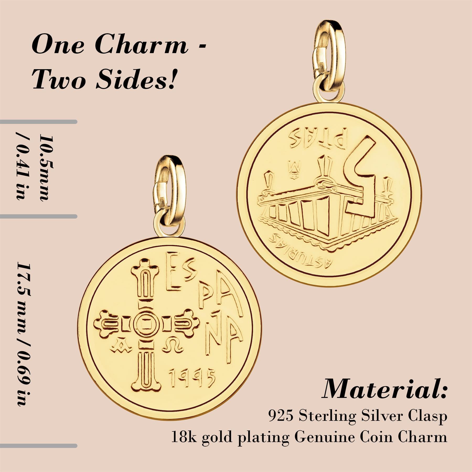 Spanish 5 Pesetas Coin Charm | 925 Sterling Silver 18K Gold Plated | 1995