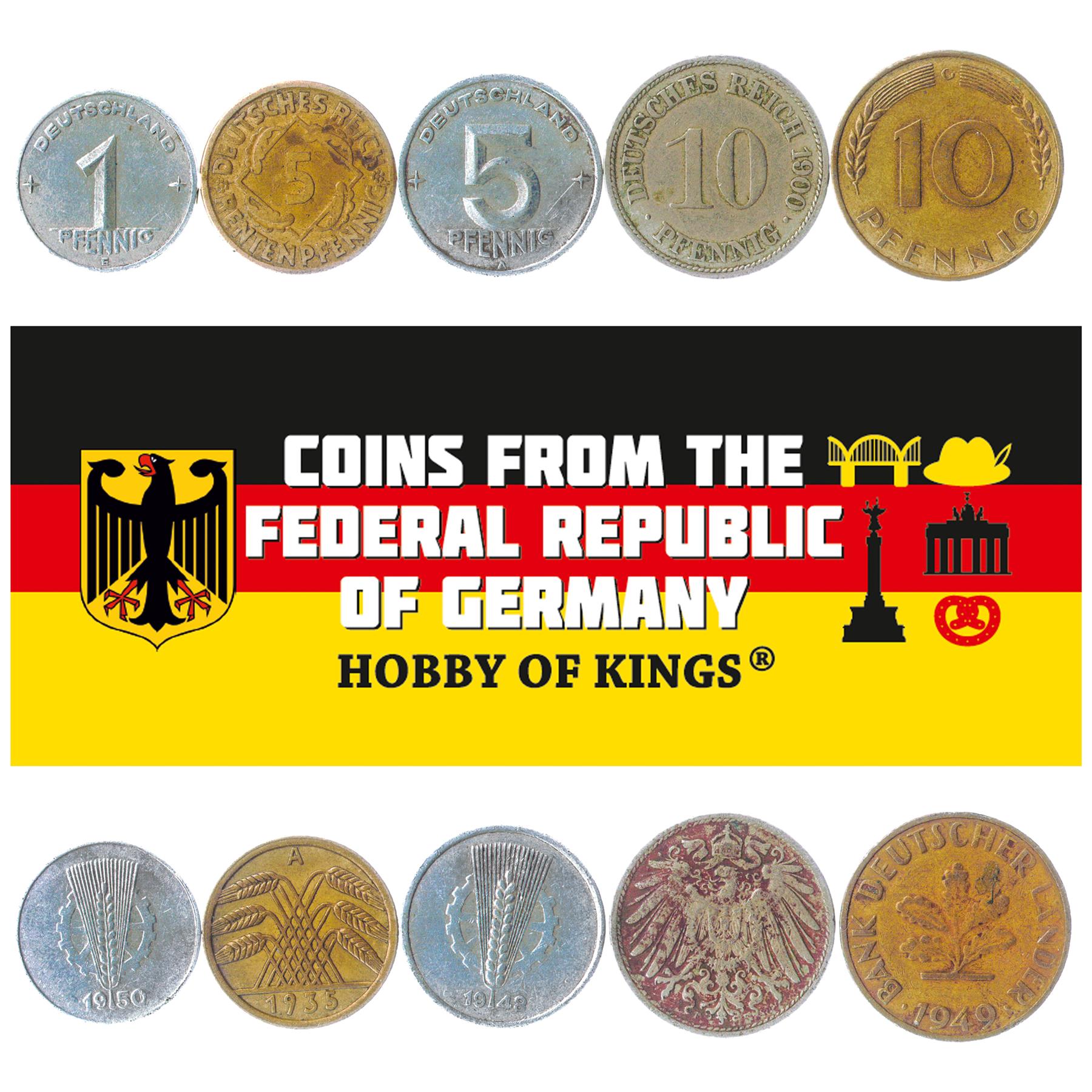 5 Oude Munten Duitsland 1871-1950 DDR BRD Derde Rijk Weimarrepubliek Duits Keizerrijk