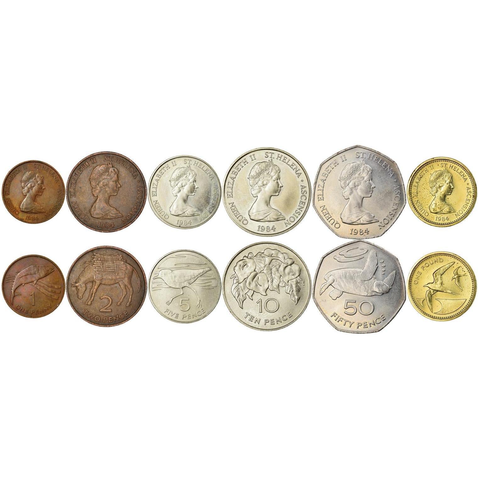 Sant'Elena e Ascensione | Set da 6 monete | 1 Penny 2 5 10 50 Pence 1 Sterlina | 1984
