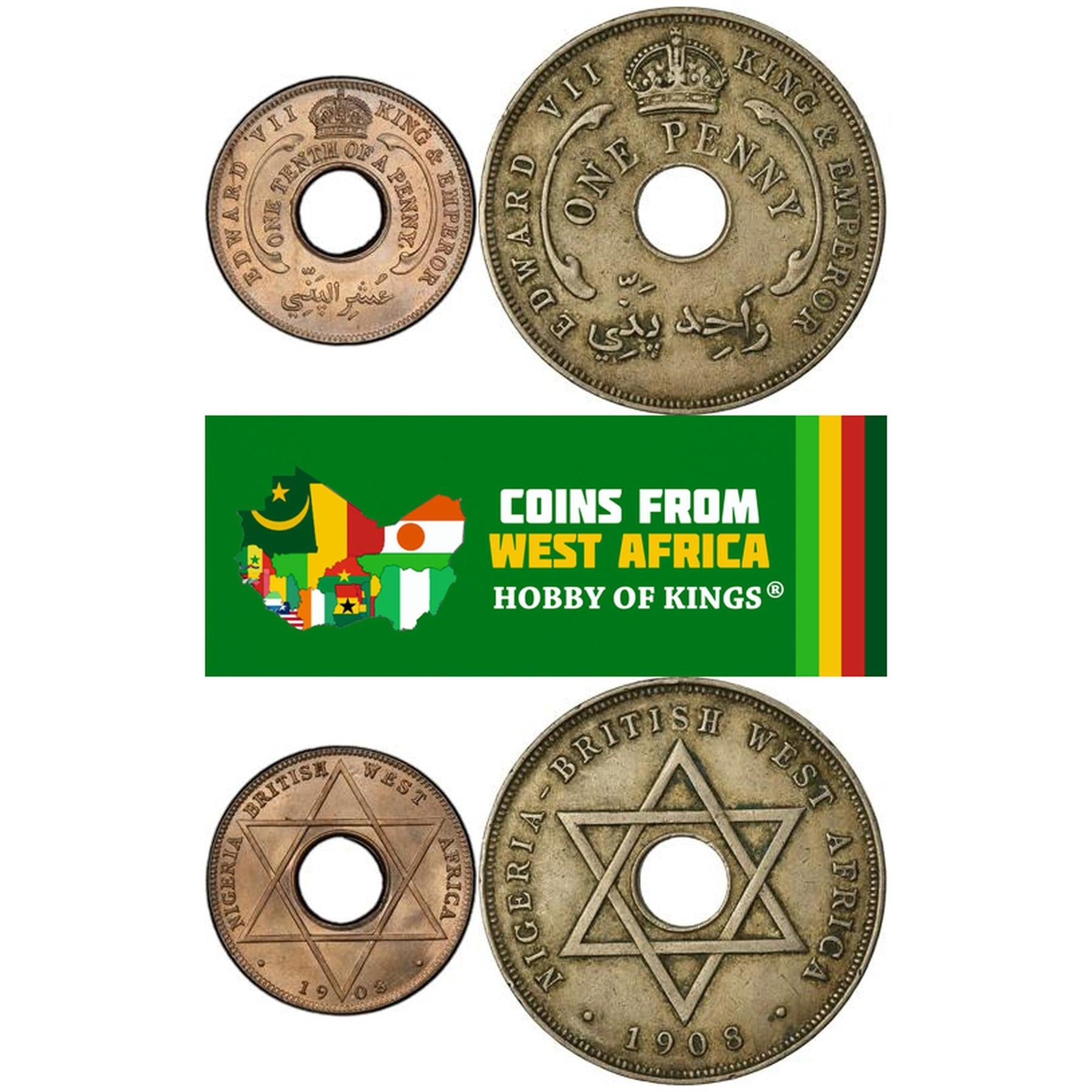 British West Africa | 2 Coin Set | 1/10 1 Penny | 1907 - 1910