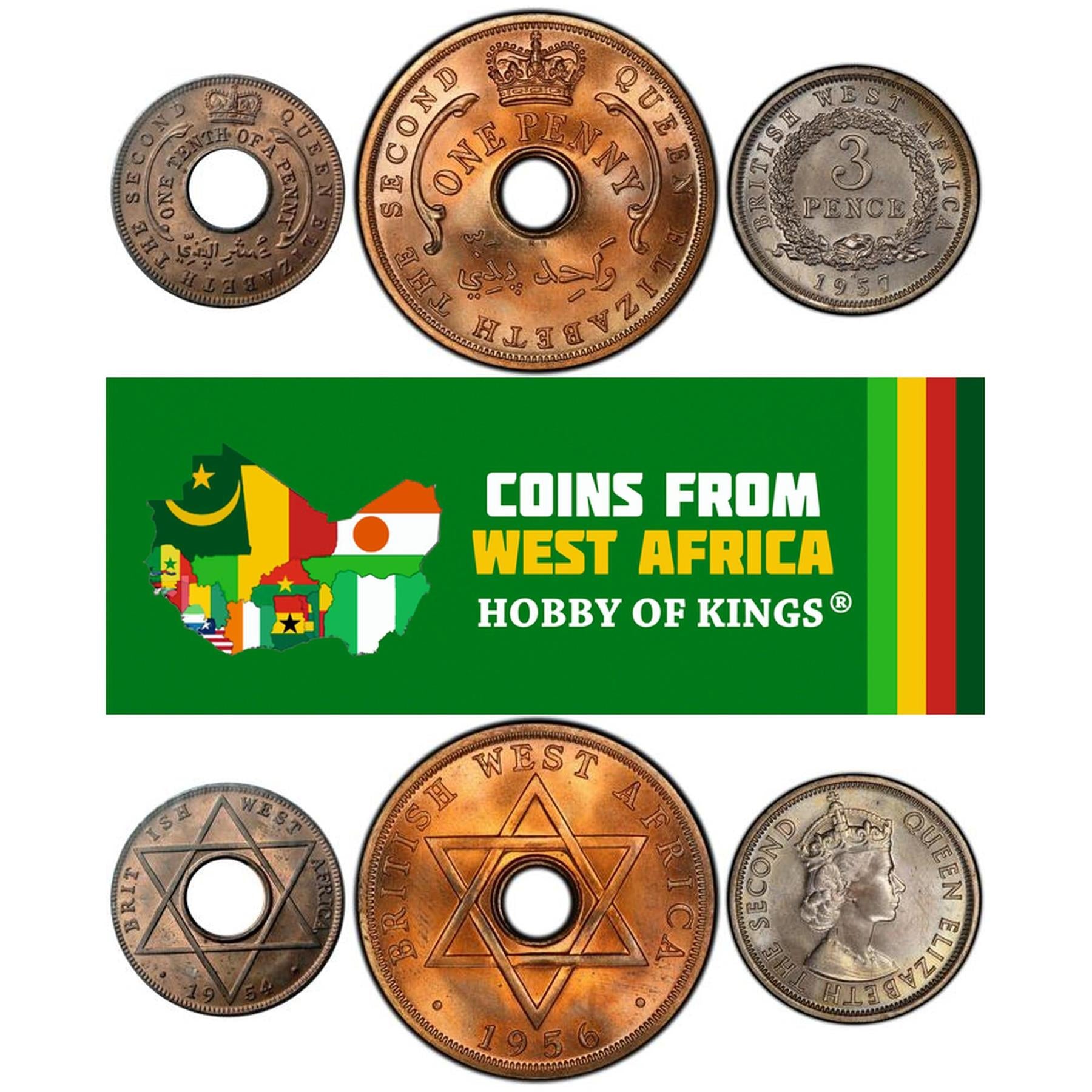 British West Africa | 3 Coin Set | 1/10 1 Penny 3 Pence | 1954 - 1958