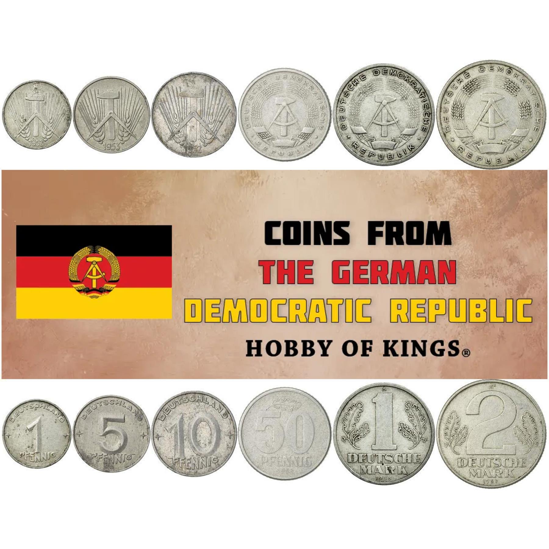 German Democratic Republic | 6 Coin Set | 1 5 10 50 Pfennig 1 Deutsche 2 Deutsche Mark | 1952 - 1963