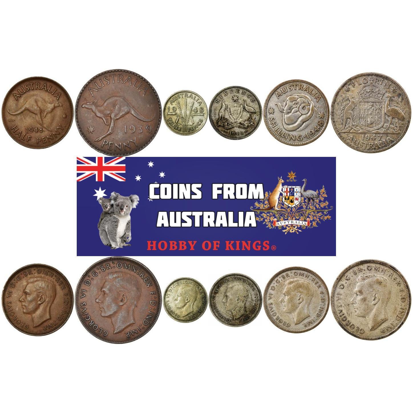 Australia | 6 Coin Set | 1/2 1 Penny 3 6 Pence 1 Shilling 1 Florin | 1938 - 1948