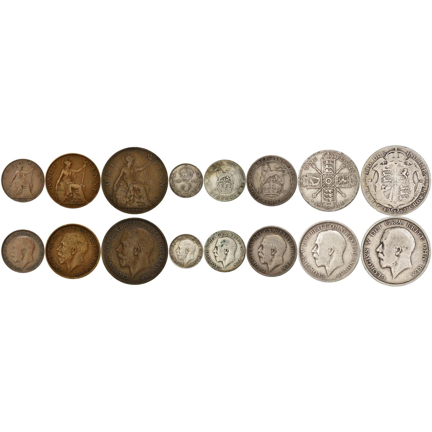 United Kingdom | 8 Coin Set | 1 Farthing 1/2 1 Penny 3 6 Pence 1 Shilling 1 Florin 1/2 Crown | 1911 - 1920