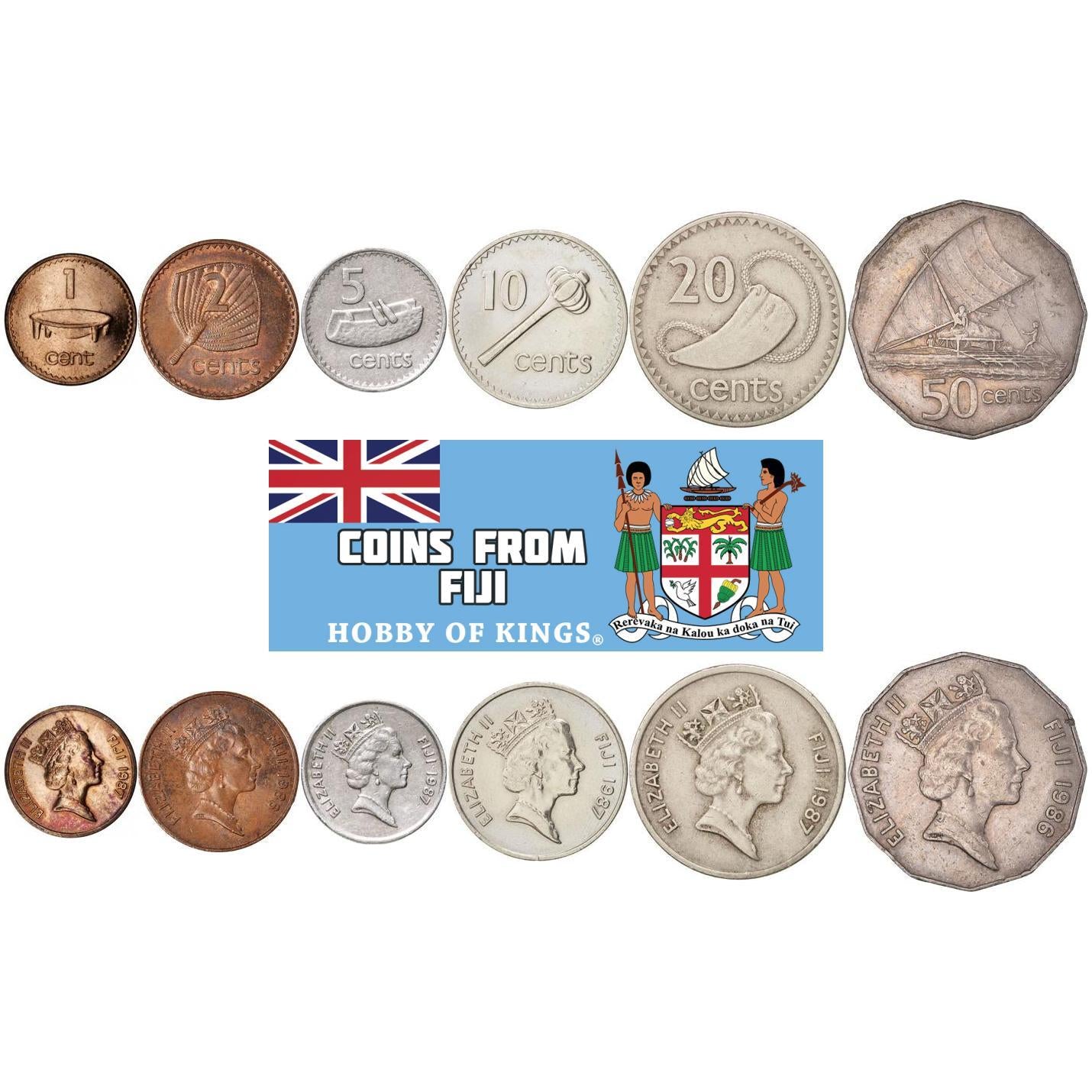 Fijian 6 Coin Set 1 2 5 10 20 50 Cents | Elizabeth II | Canoe | Drum | Kava bowl | Sperm whale tooth | 1986 - 1987