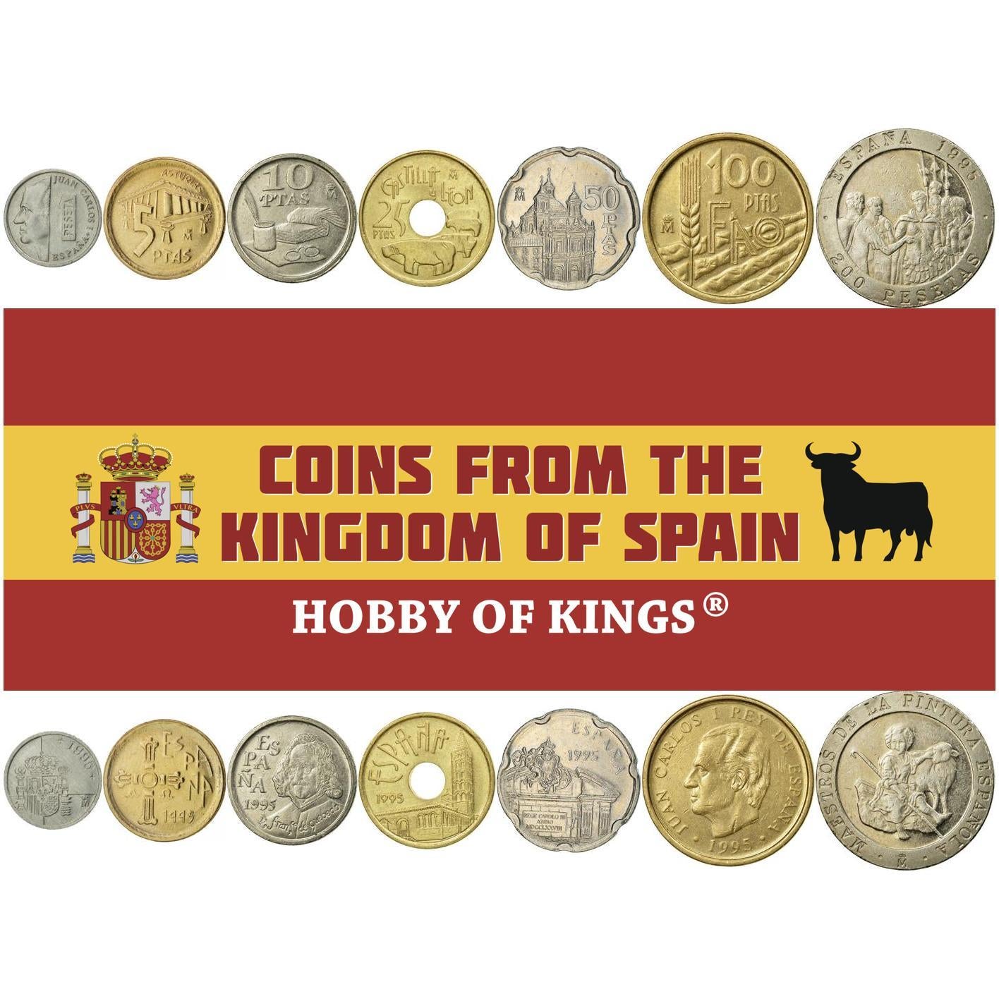 스페인 7개 주화 세트 1 5 10 25 50 100 200 페세타 | 후안 카를로스 1세 | 프란시스코 데 케베도 | 성 에스테반 교회 | 산 프란시스코 엘 그란데 왕립 대성당 | 기산도 황소상 | 승리의 십자가 | 스페인 | 1995년